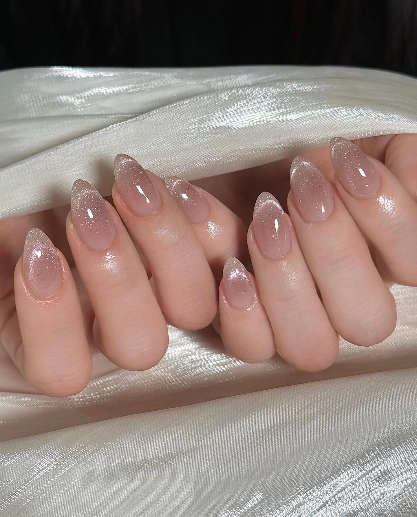 taupe almond glazed shimmer nails