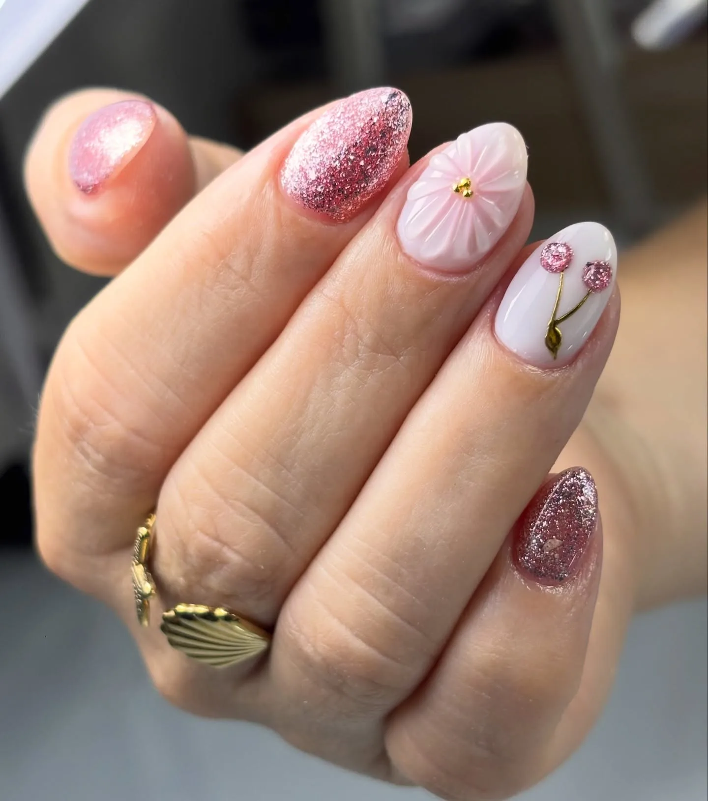pink almond shimmer floral nails