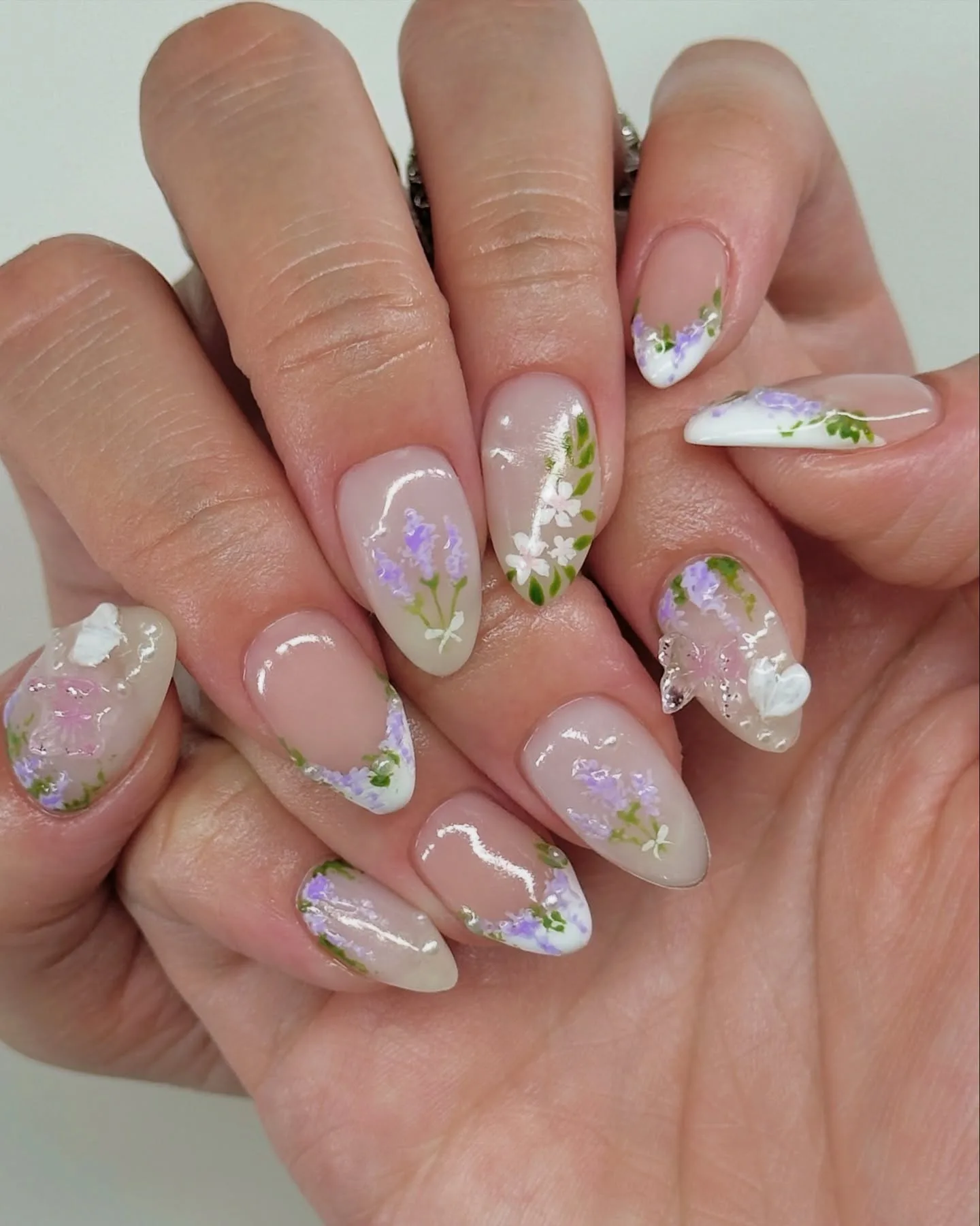 nude almond floral art nails