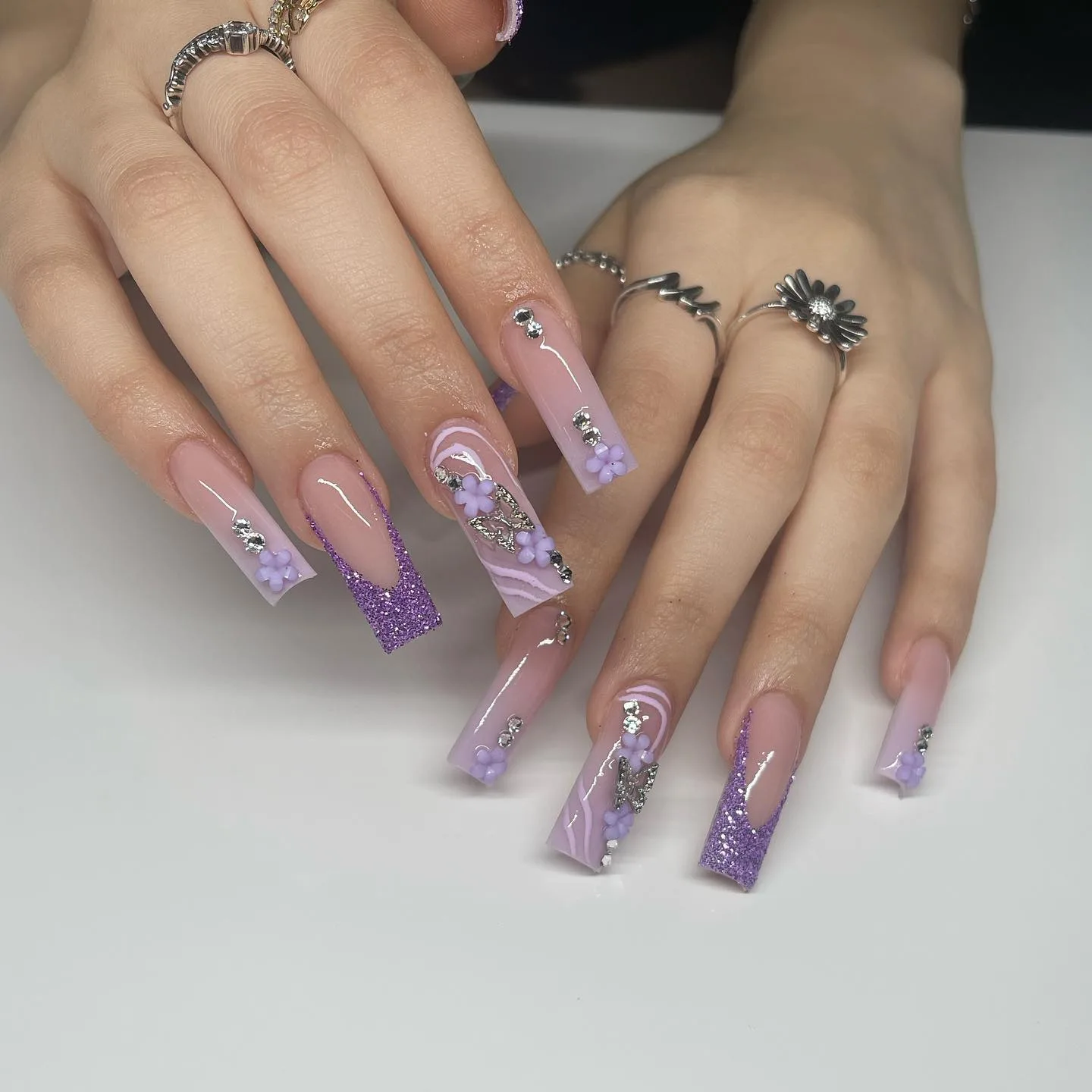 purple pink coffin floral nails