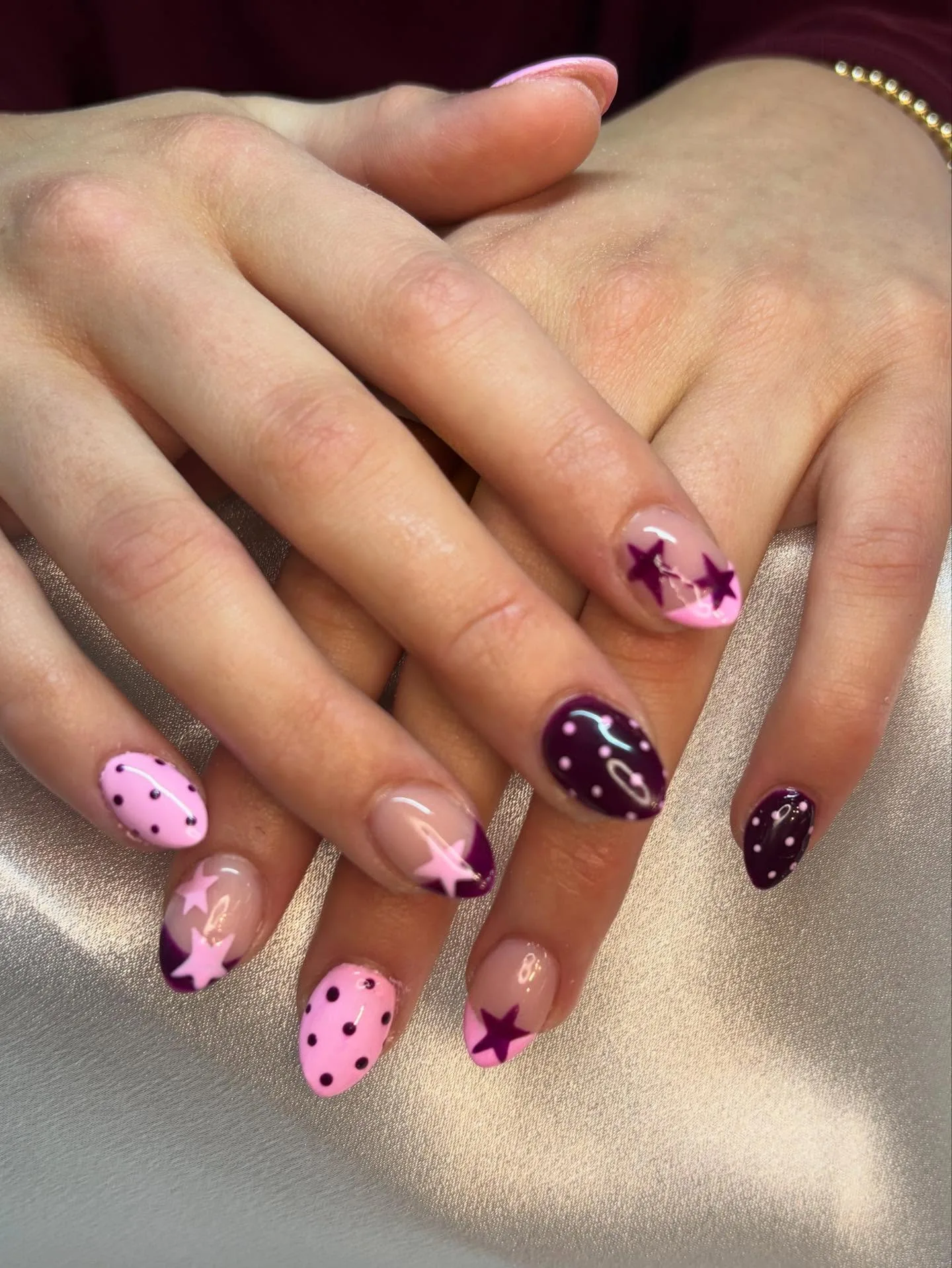 pink burgundy oval star nails