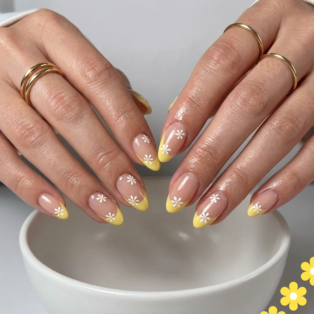 nude almond yellow french daisy nails