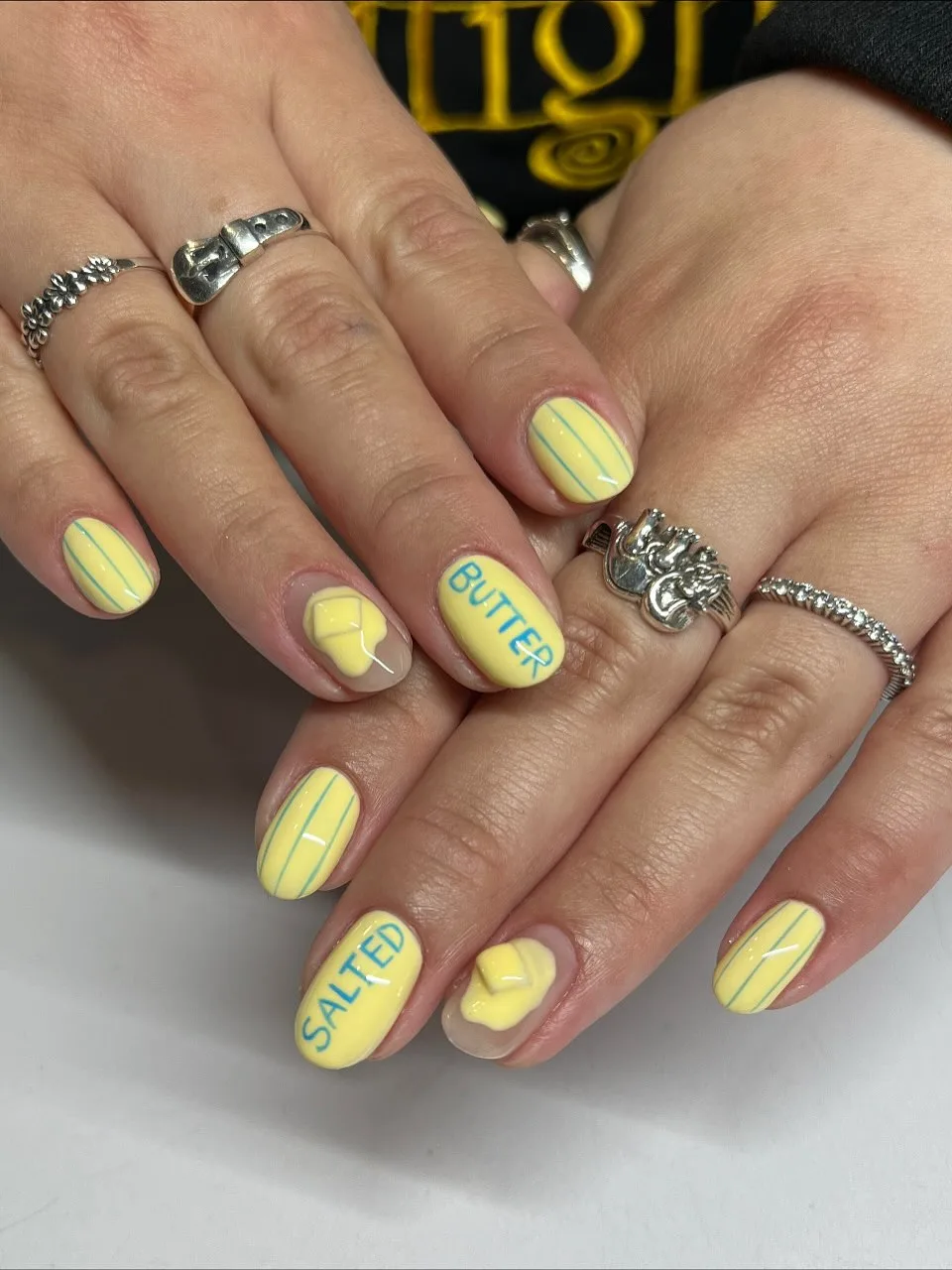 yellow oval butter themed nails