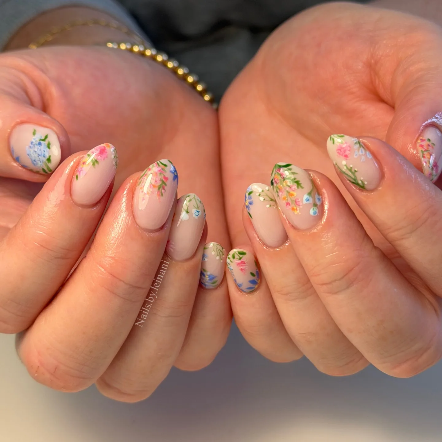 nude oval floral jelly nails