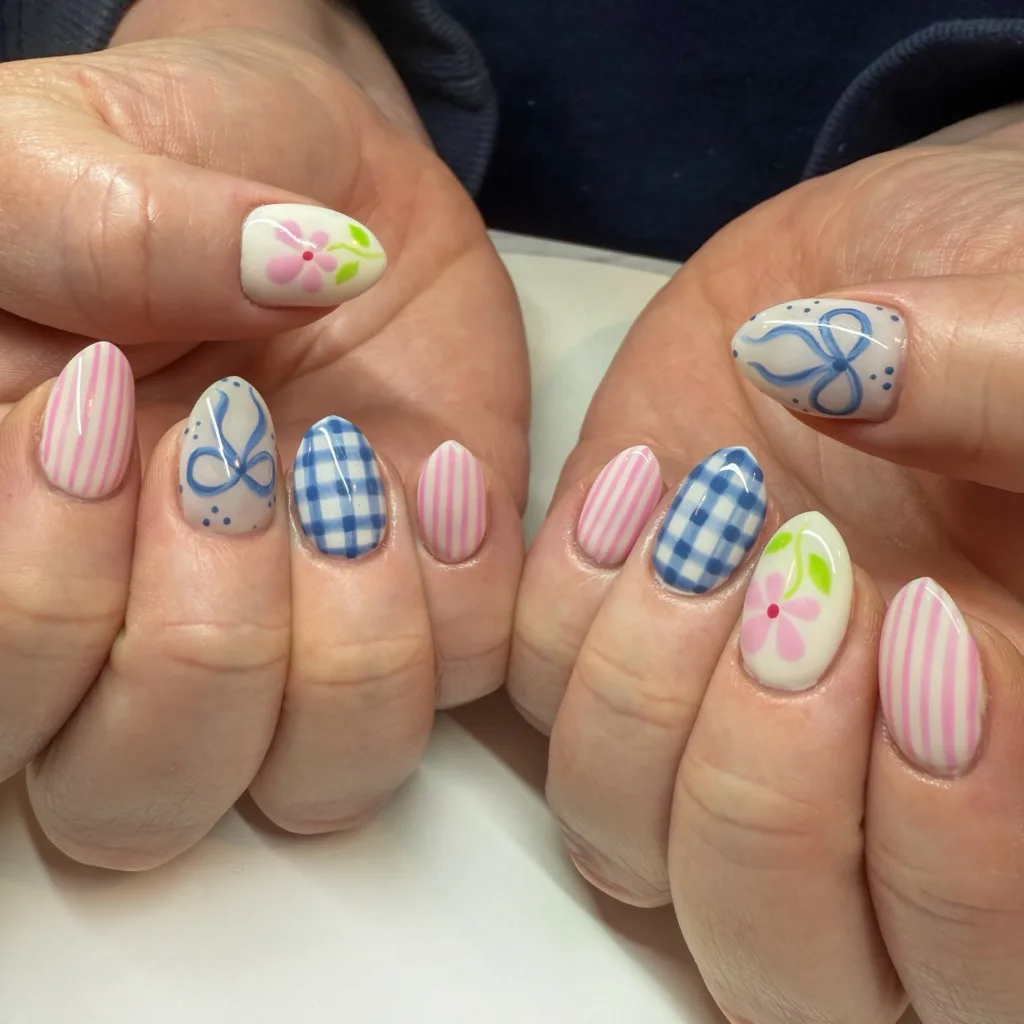 white oval floral gingham nails