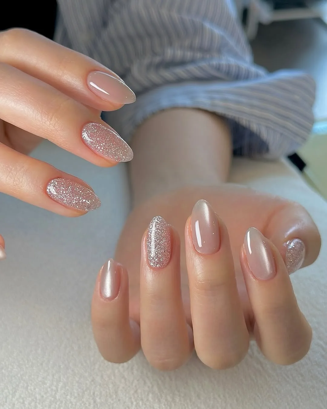 nude rose gold almond glitter nails