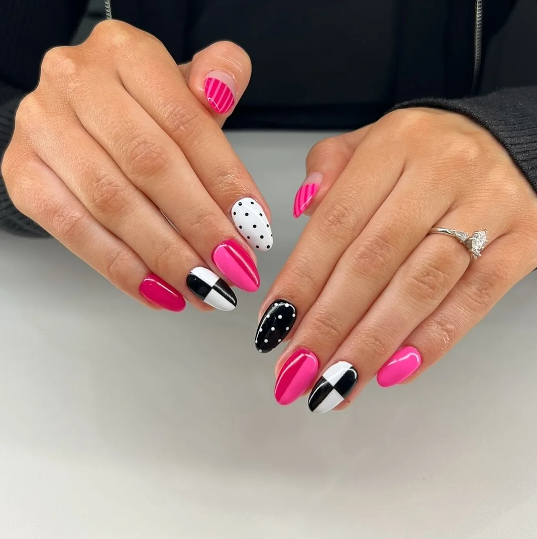 hot pink almond graphic nails