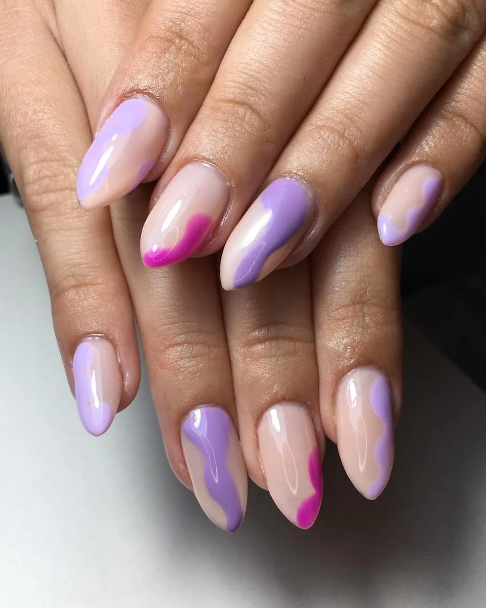 purple pink almond swirl nails