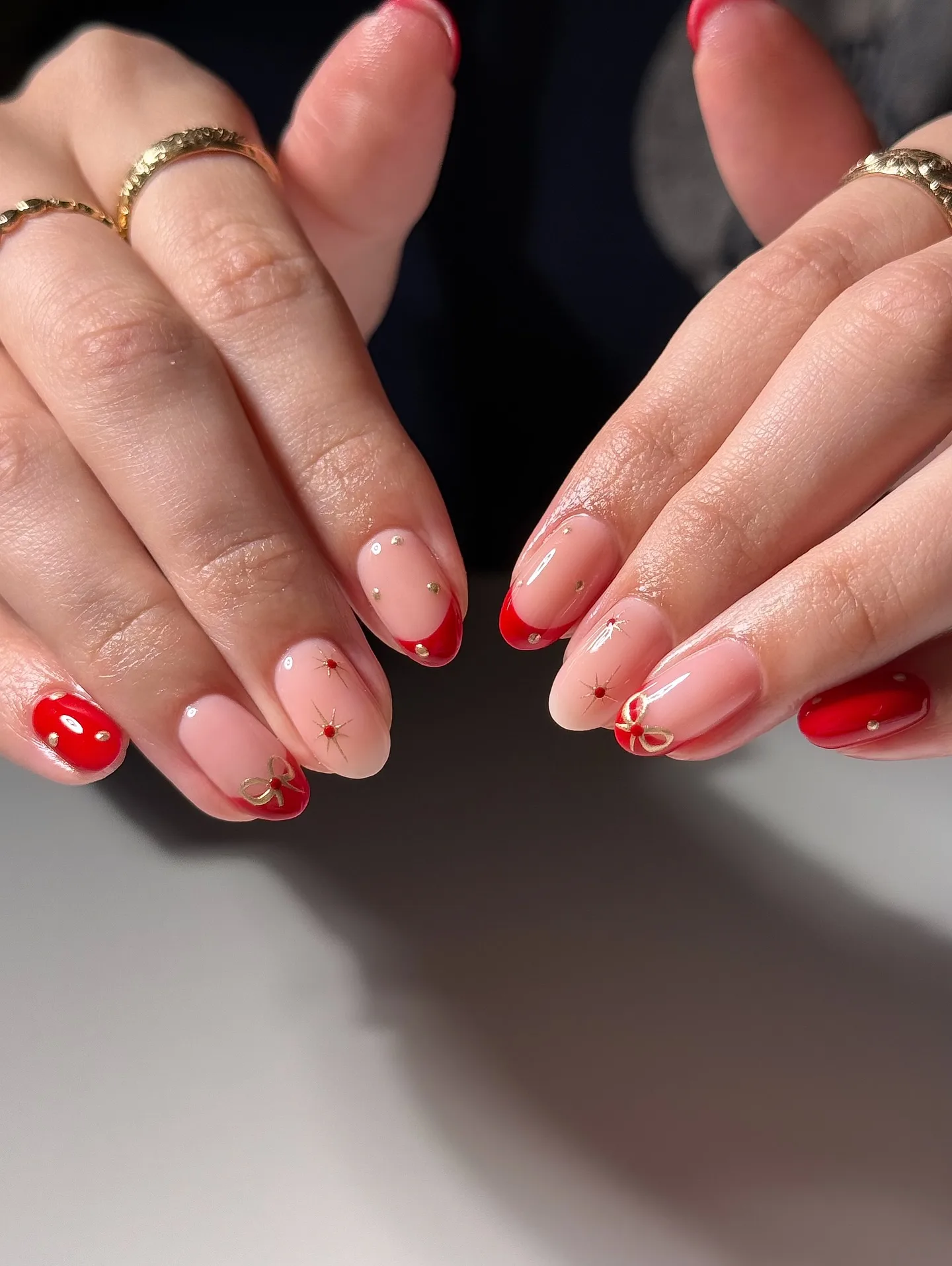peachy nude almond red french nails