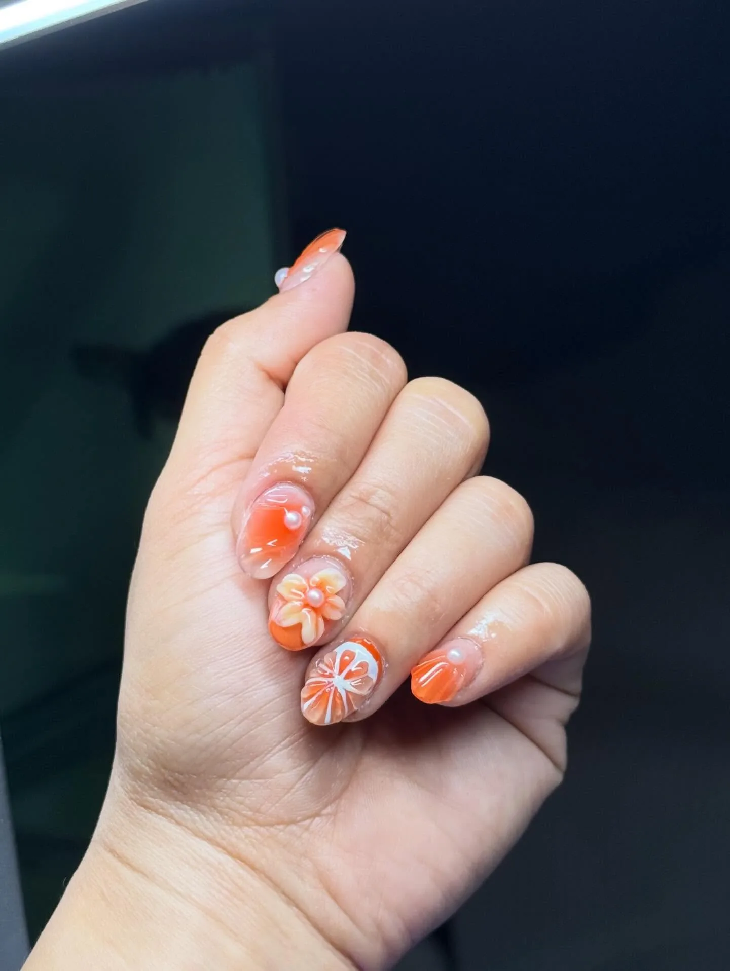coral orange almond floral nails