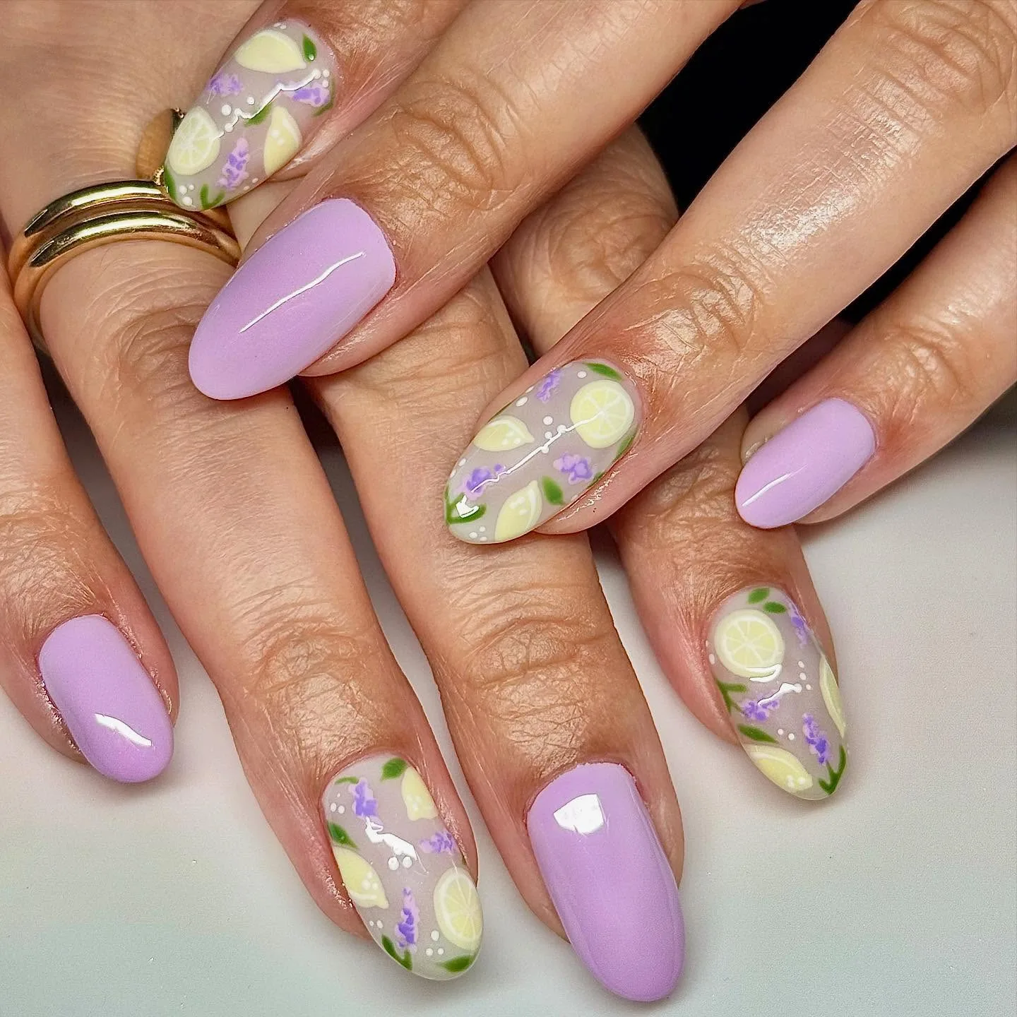 purple clear oval floral nails