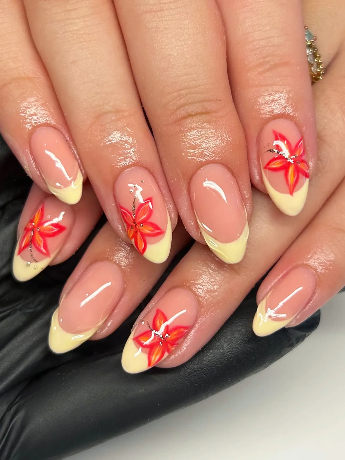nude yellow french floral nails