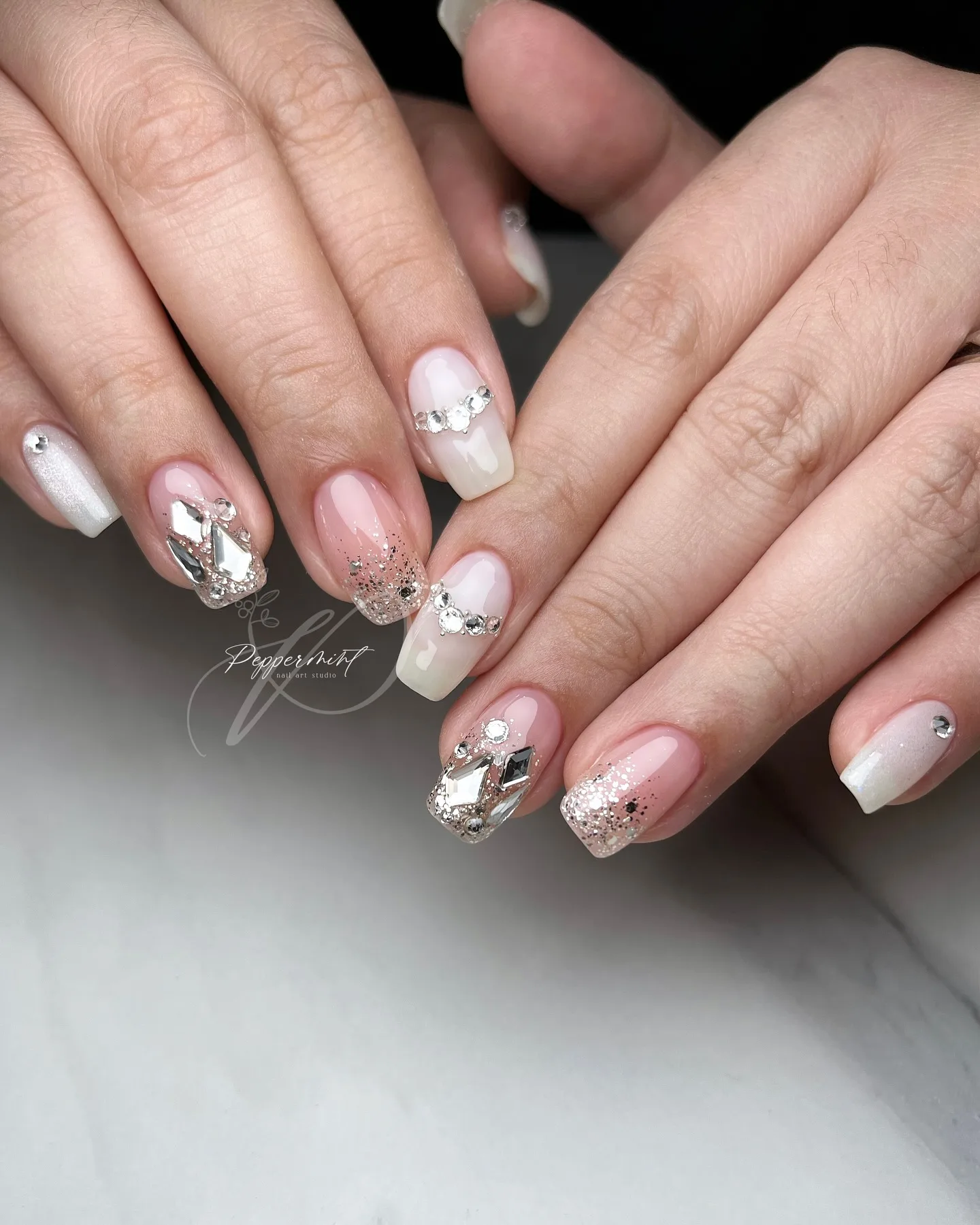 pink white coffin rhinestone nails