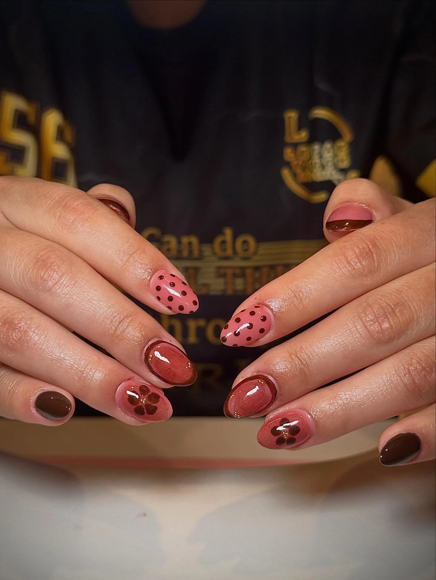 dusty rose almond polka dot nails