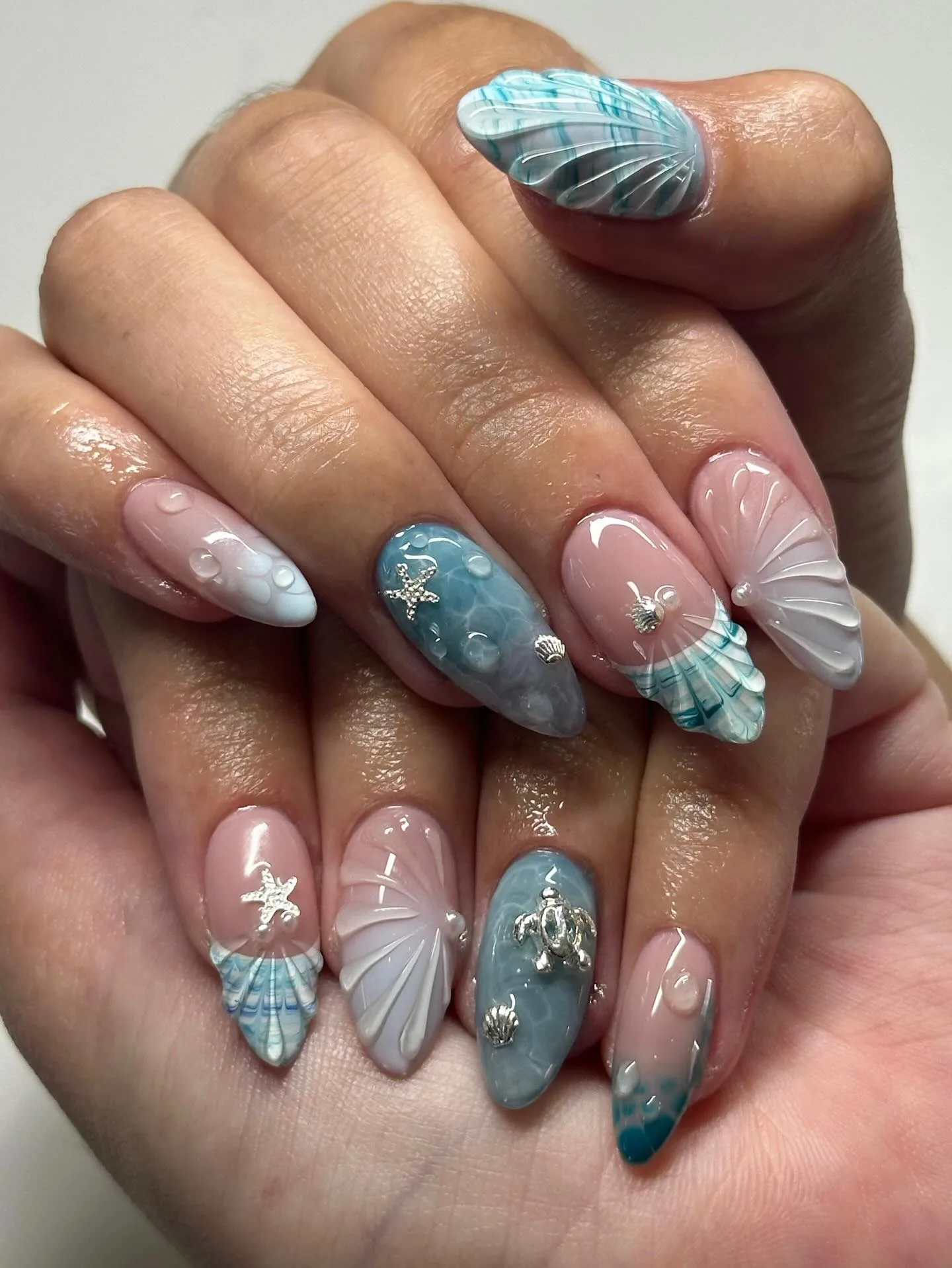 pink blue almond shell nails