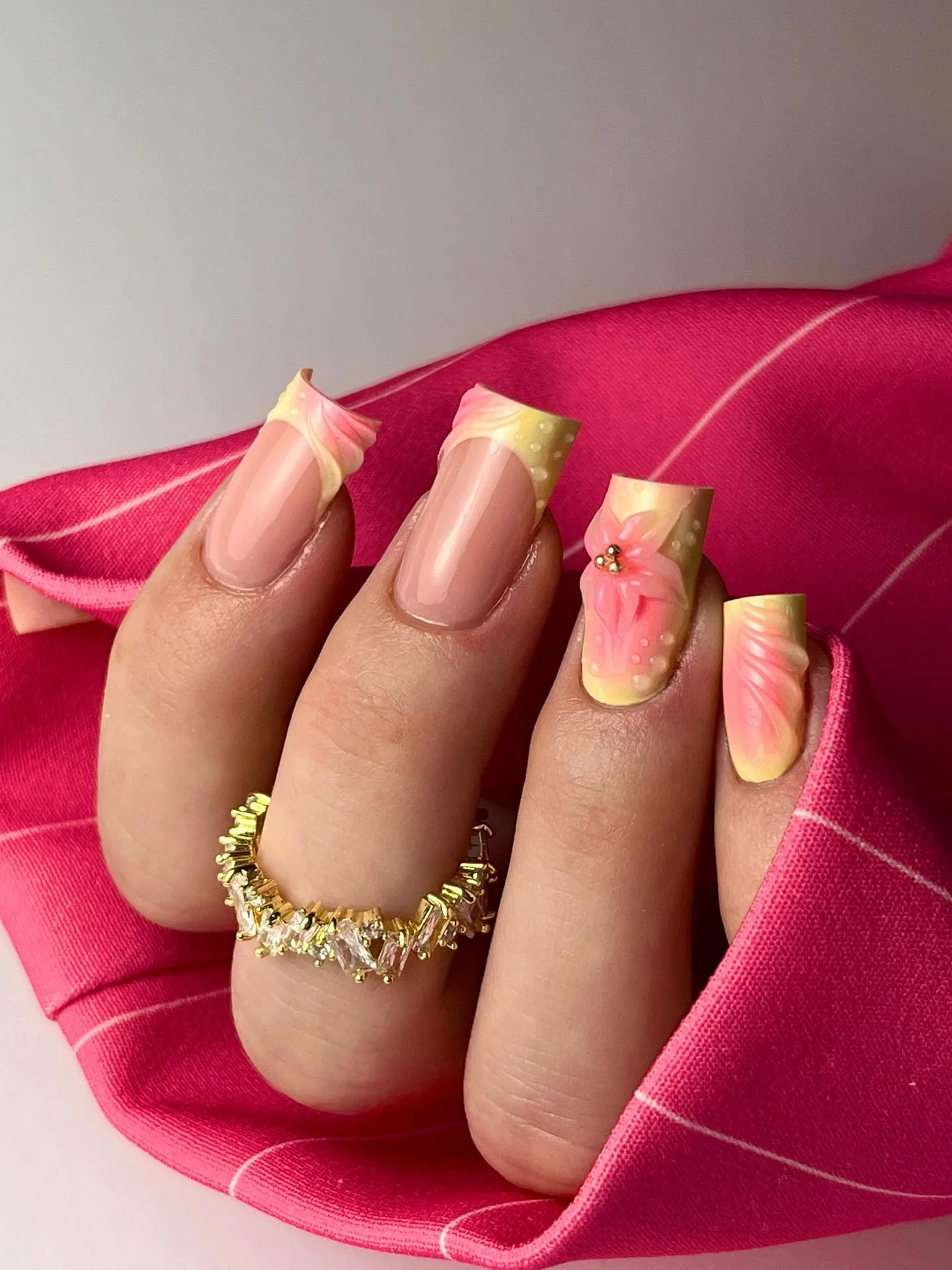 peachy pink coffin gradient floral nails