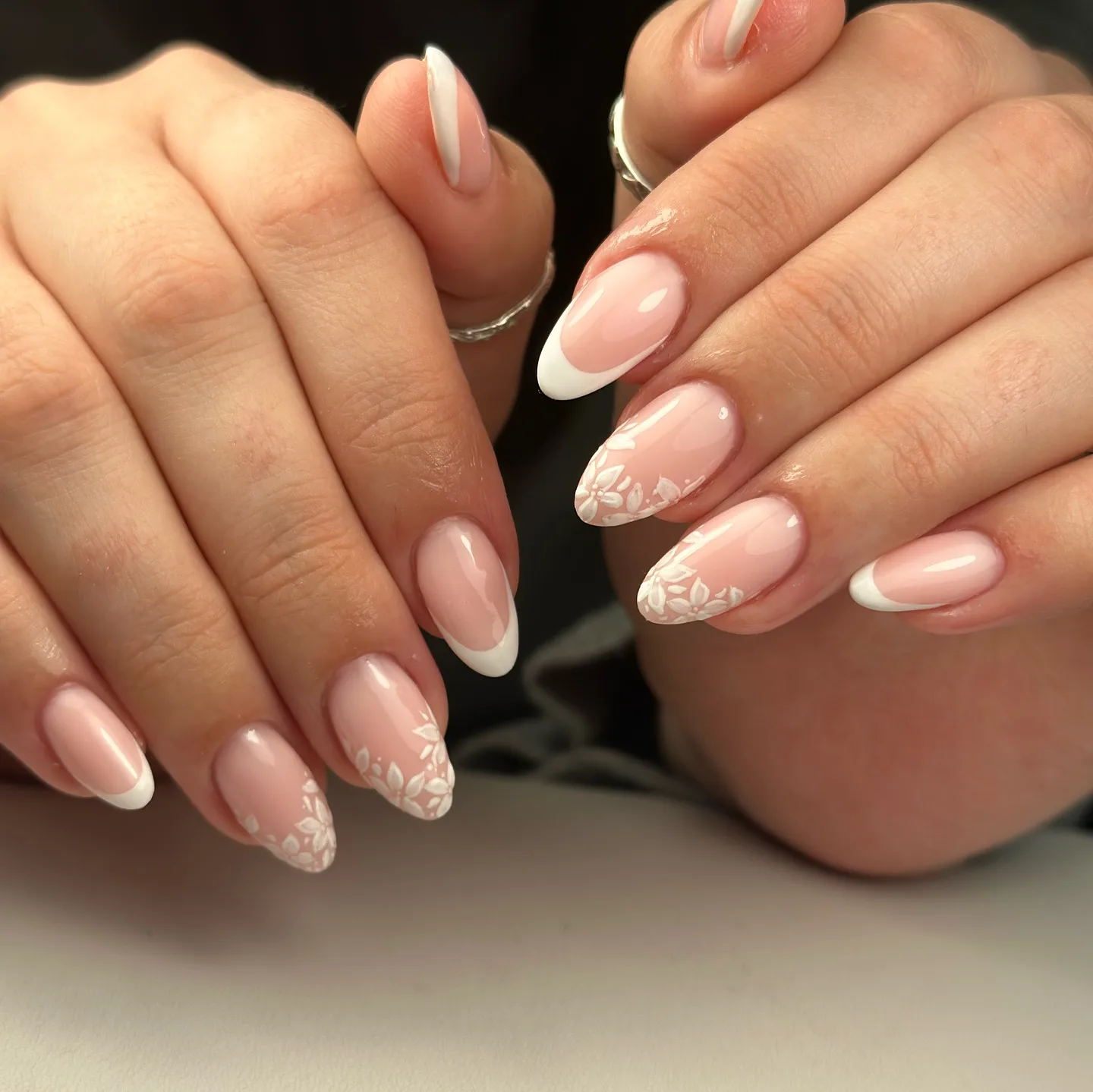 pink white oval french floral nails