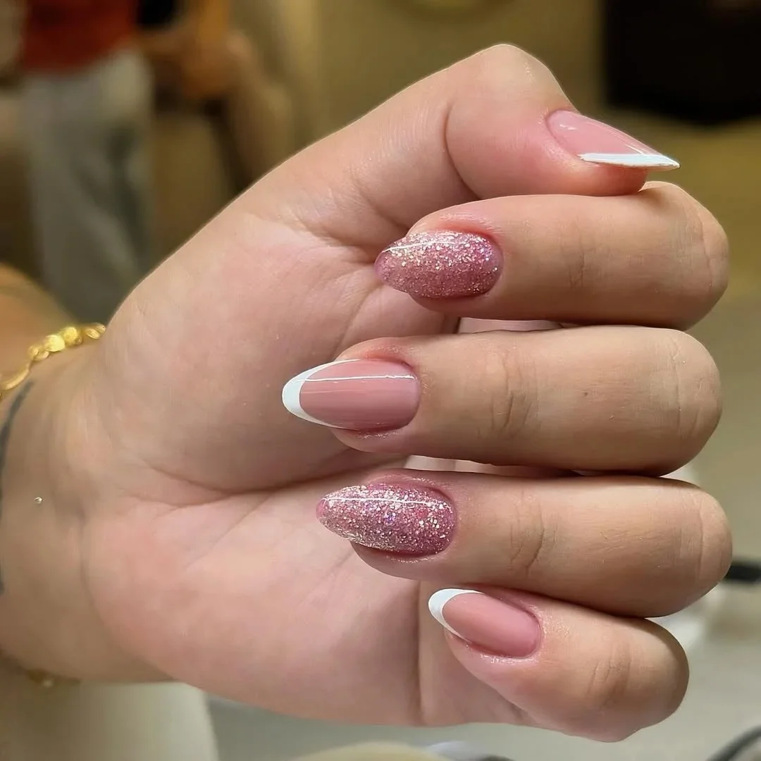 nude pink almond french glitter nails