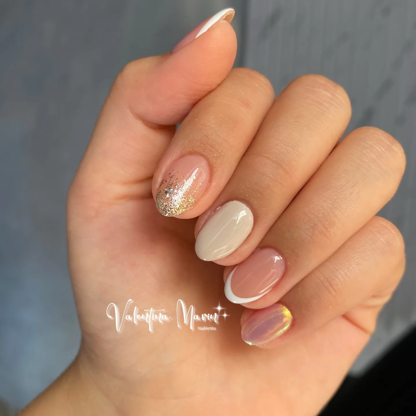 neutral almond mixed design nails