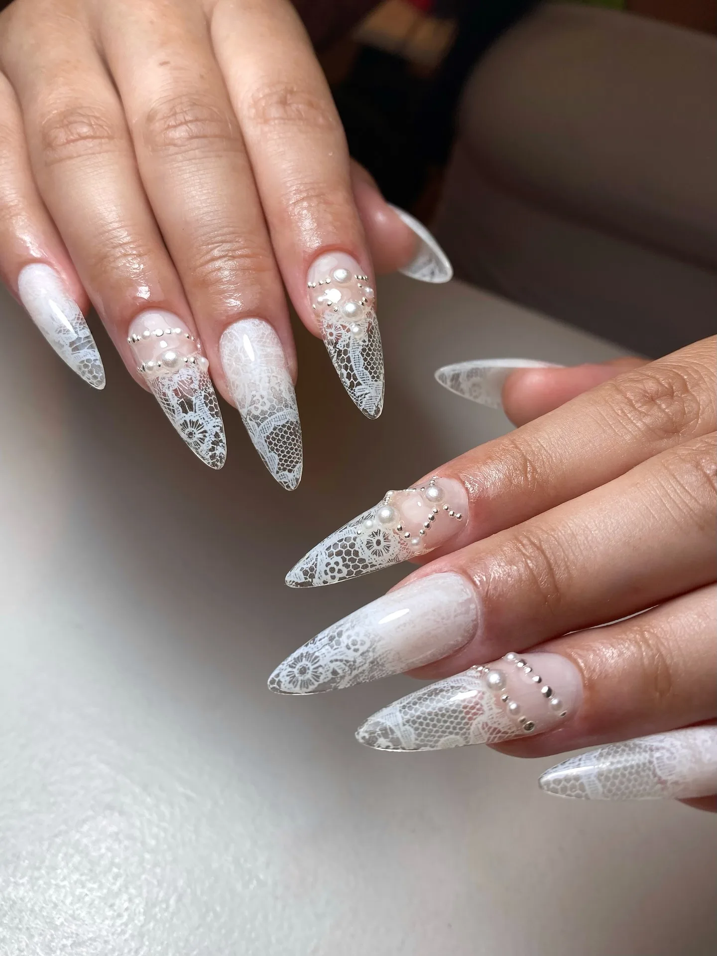 white stiletto lace pearl nails