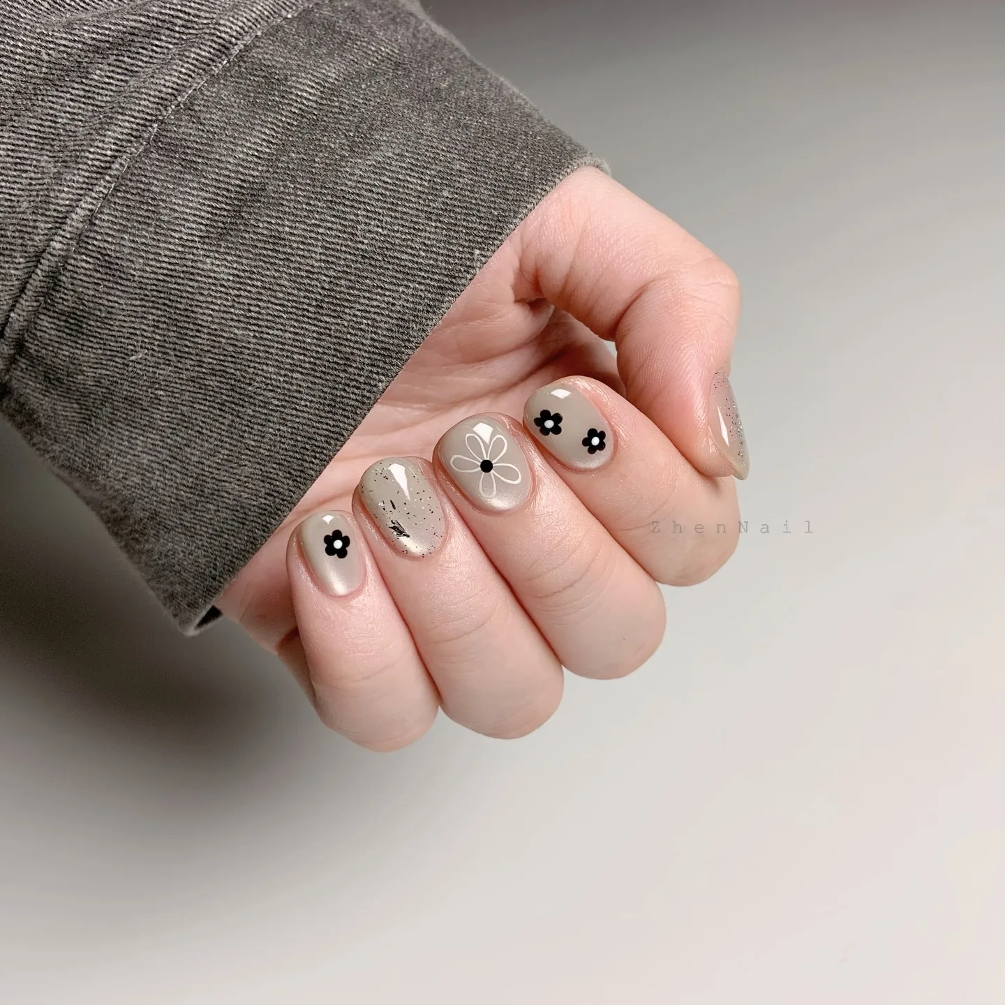 milky white oval floral nails