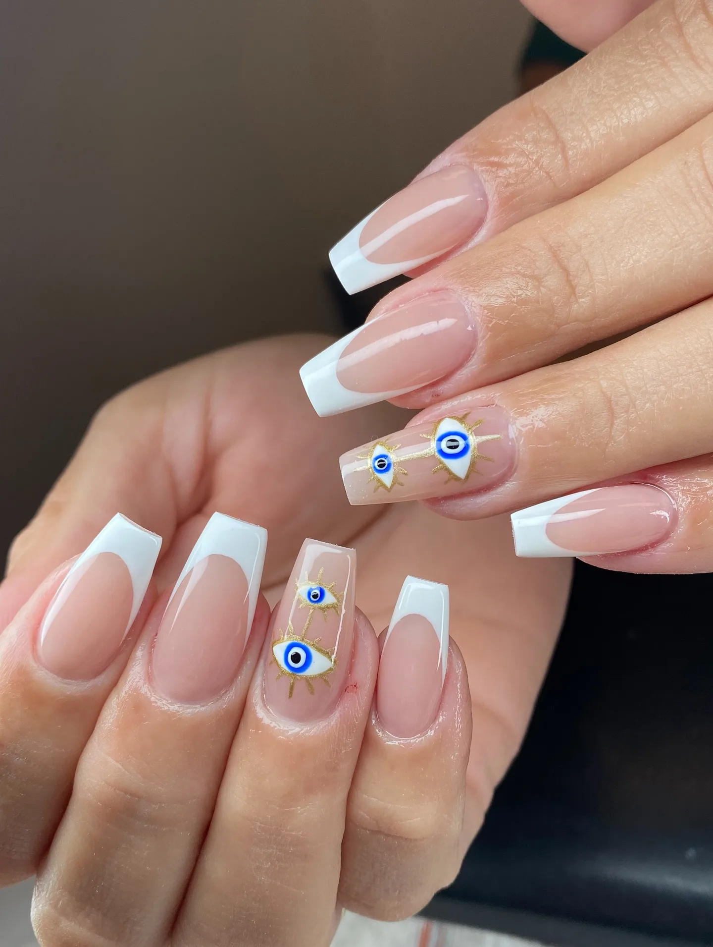 pink coffin french evil eye nails