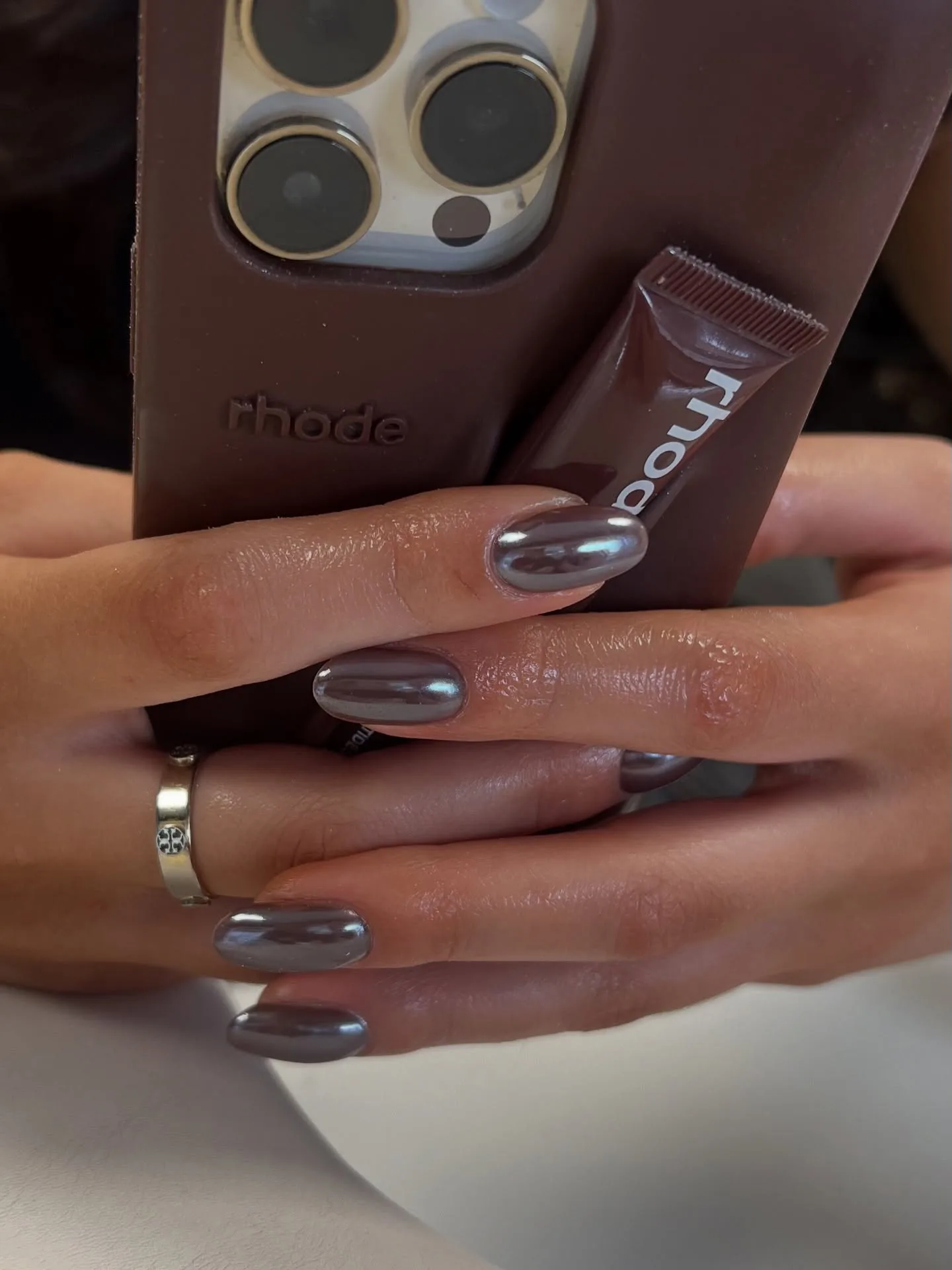 chrome taupe oval nails