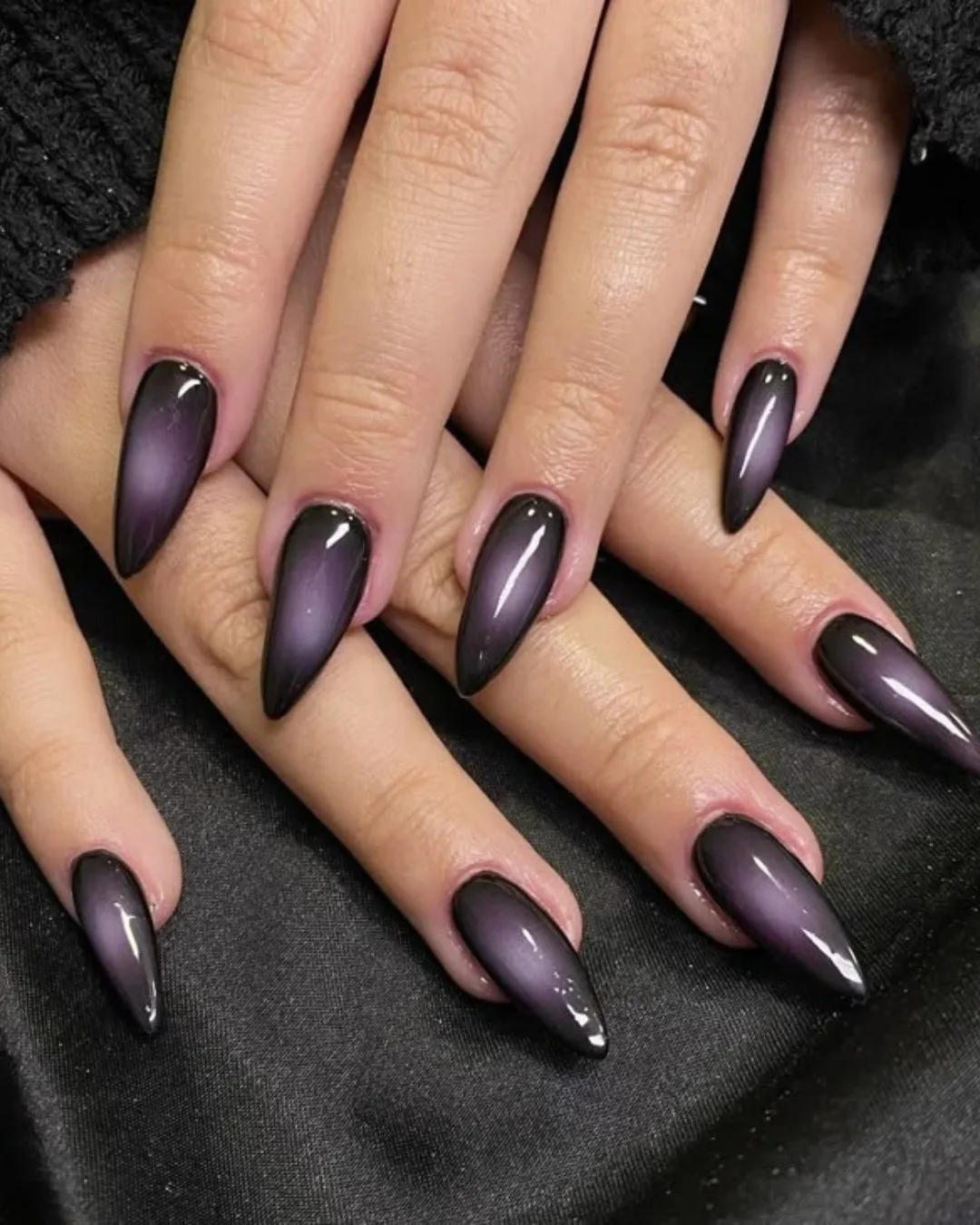 purple charcoal stiletto ombré nails
