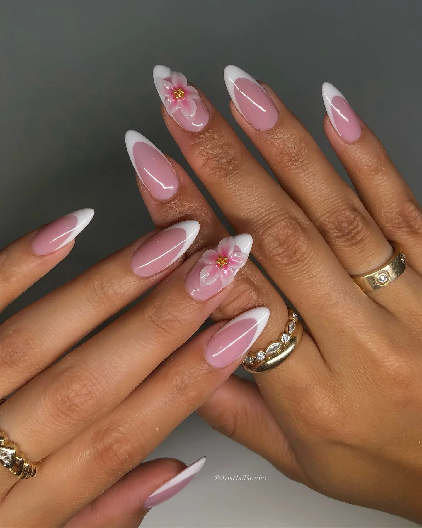 dusty rose almond french floral nails