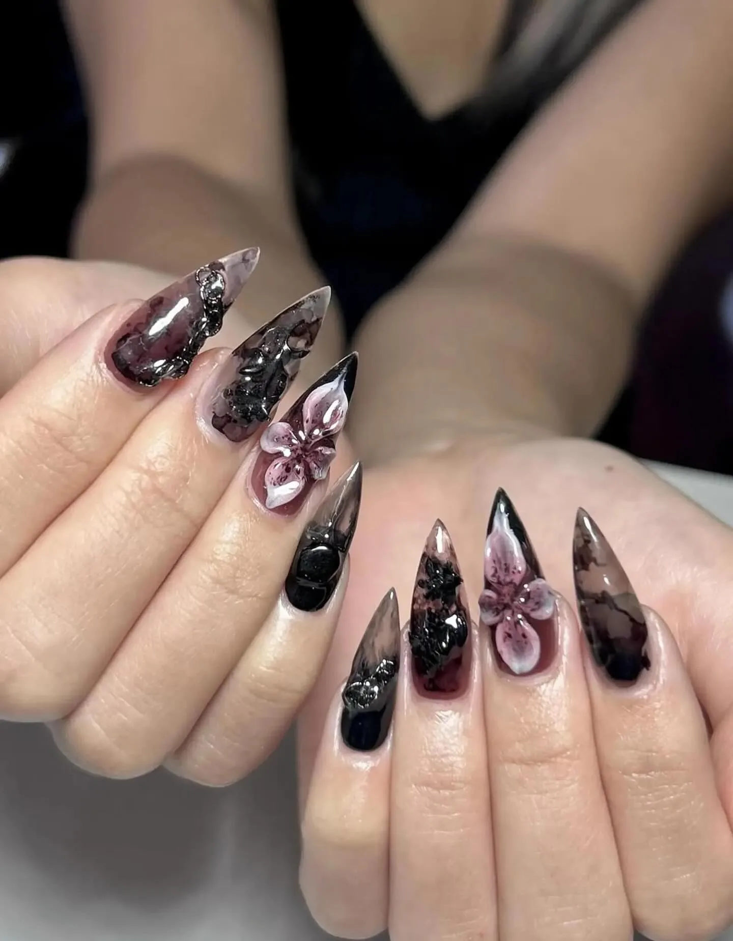 smoky brown stiletto goth spring nails 2026