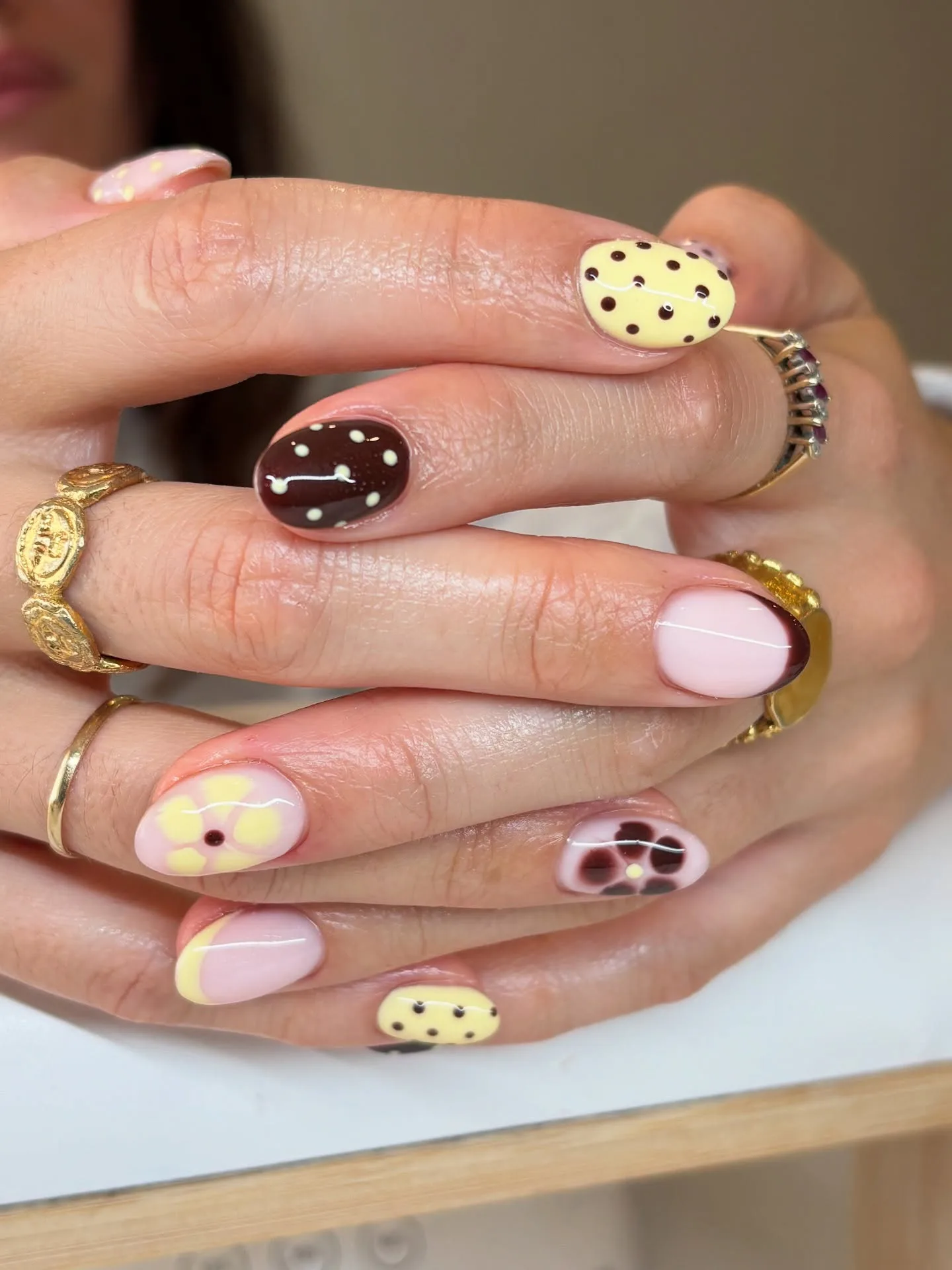 pink oval floral polka nails