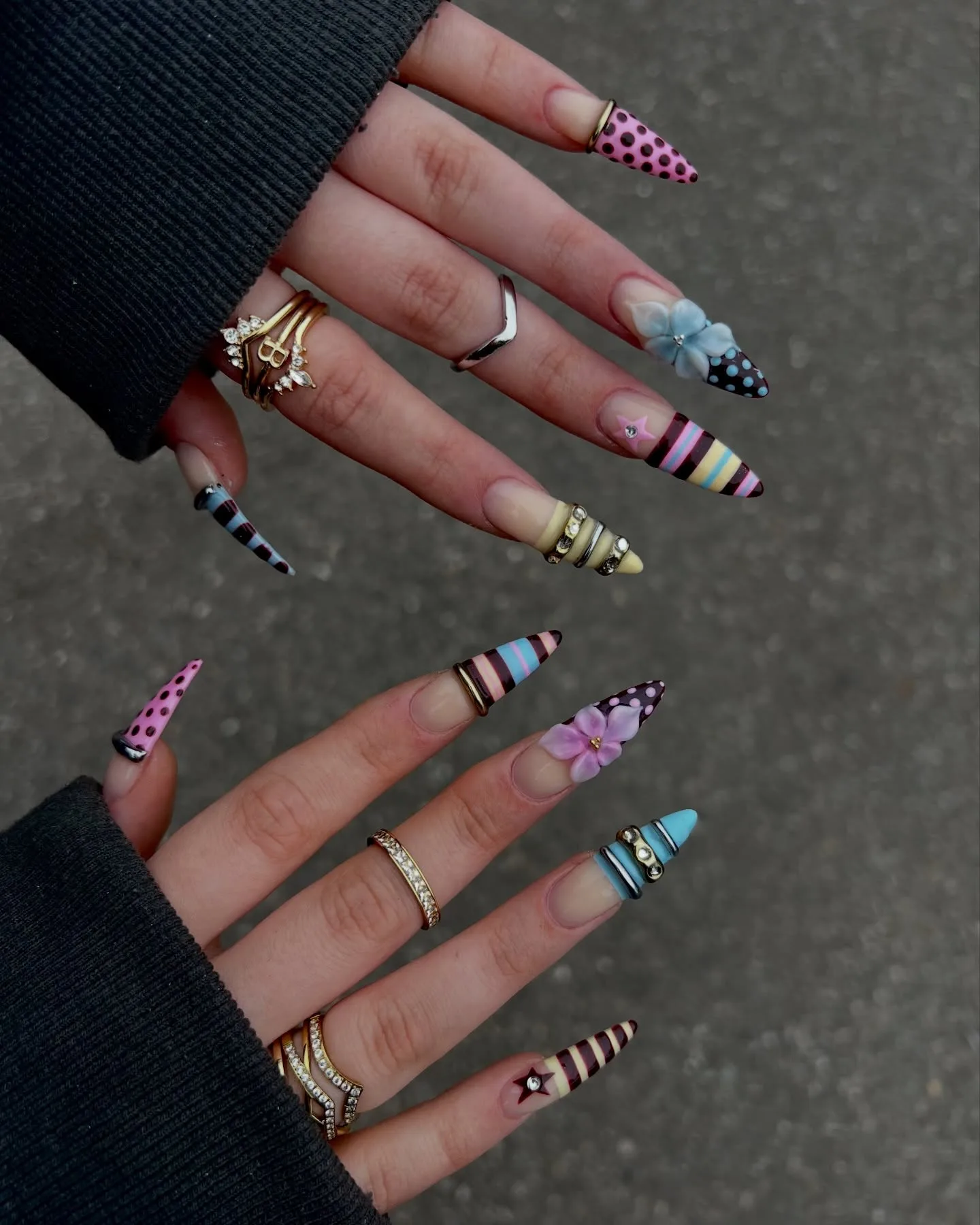 multicolor stiletto mixed design nails