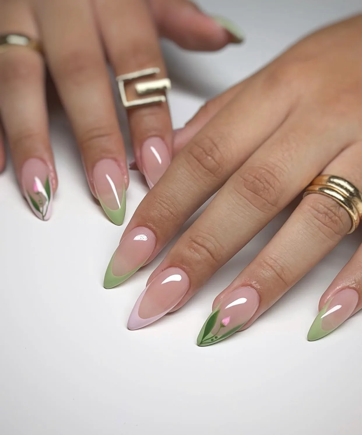dusty rose almond floral tip nails