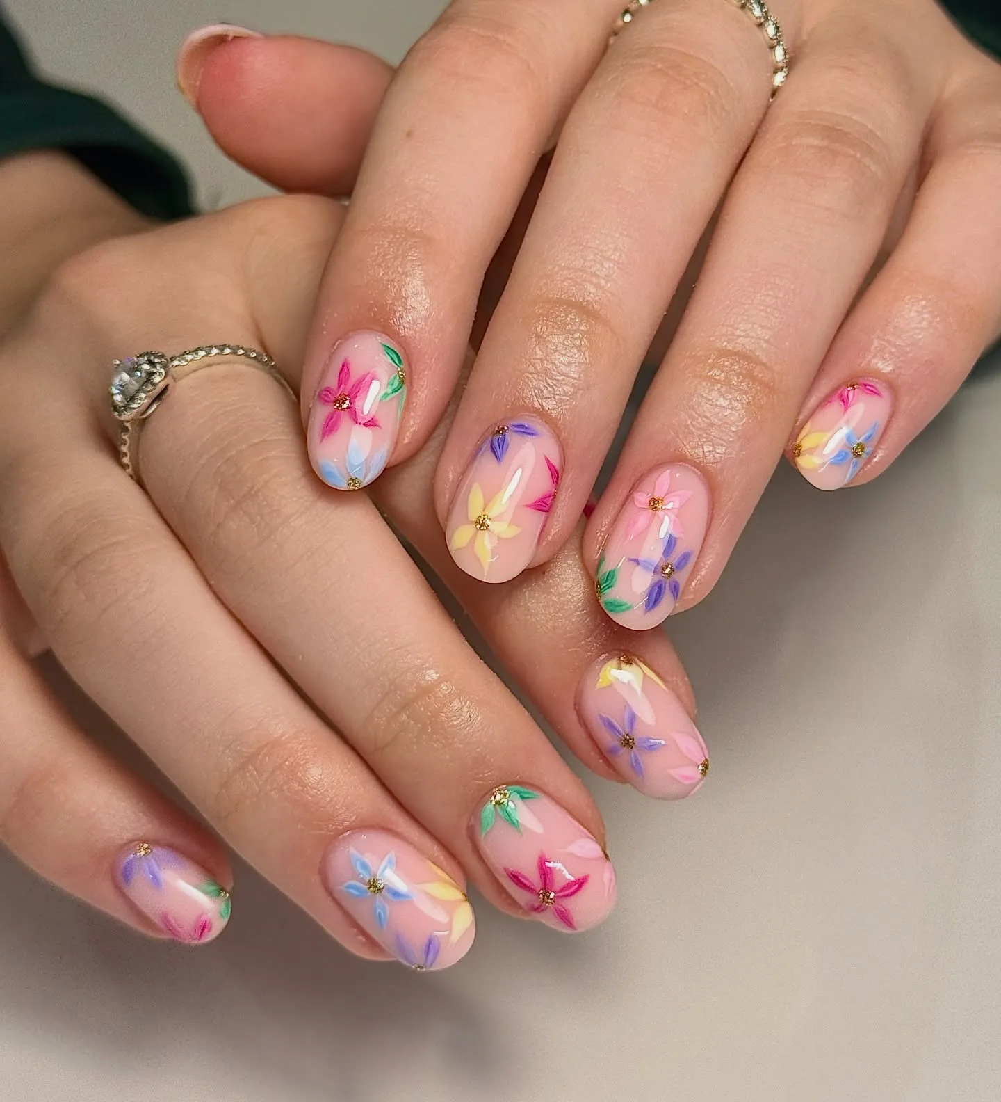 pink oval floral painted nails