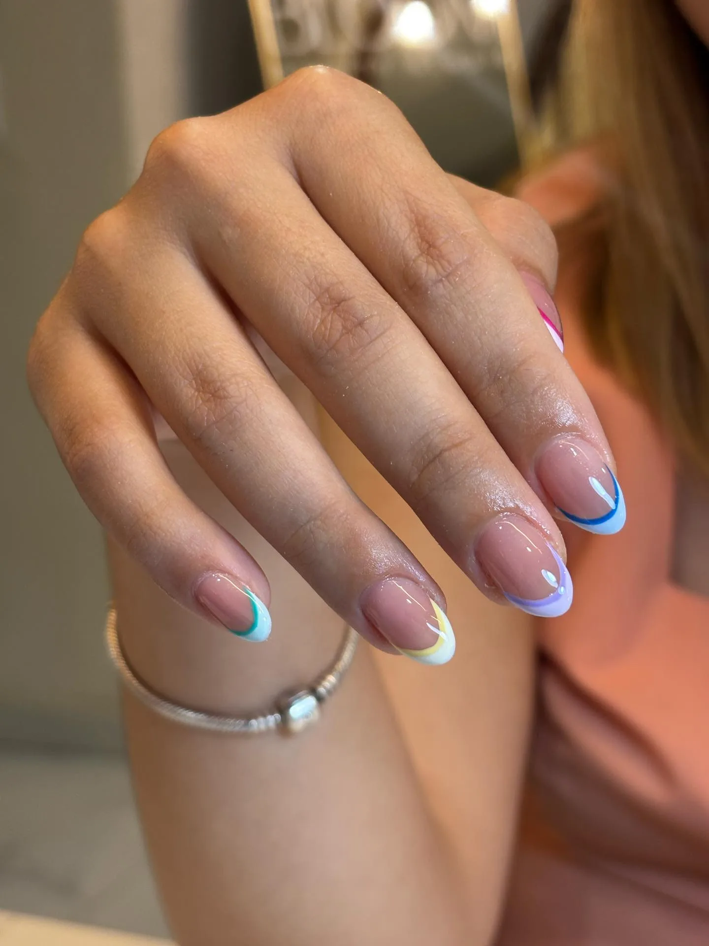 clear pink oval holographic french nails