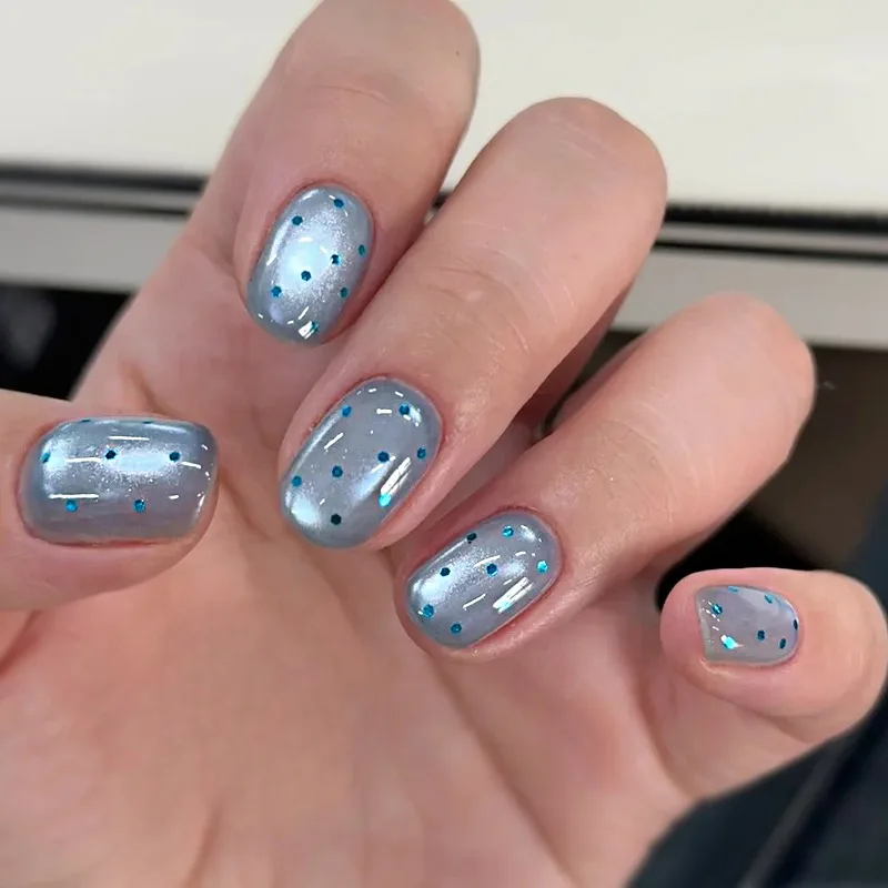 blue oval glitter jelly nails