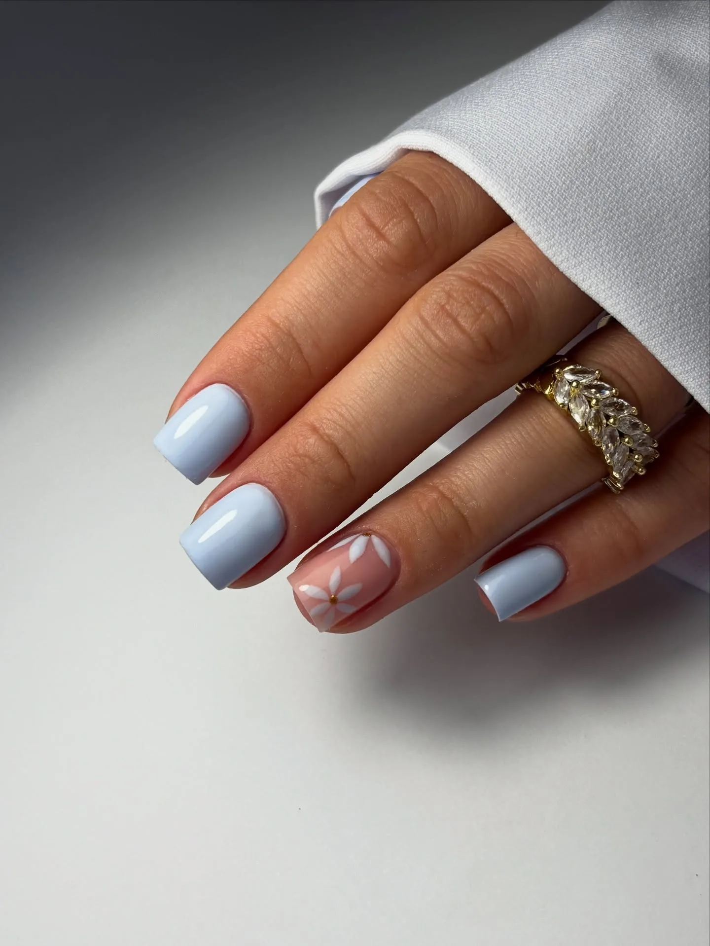 powder blue square floral accent nails