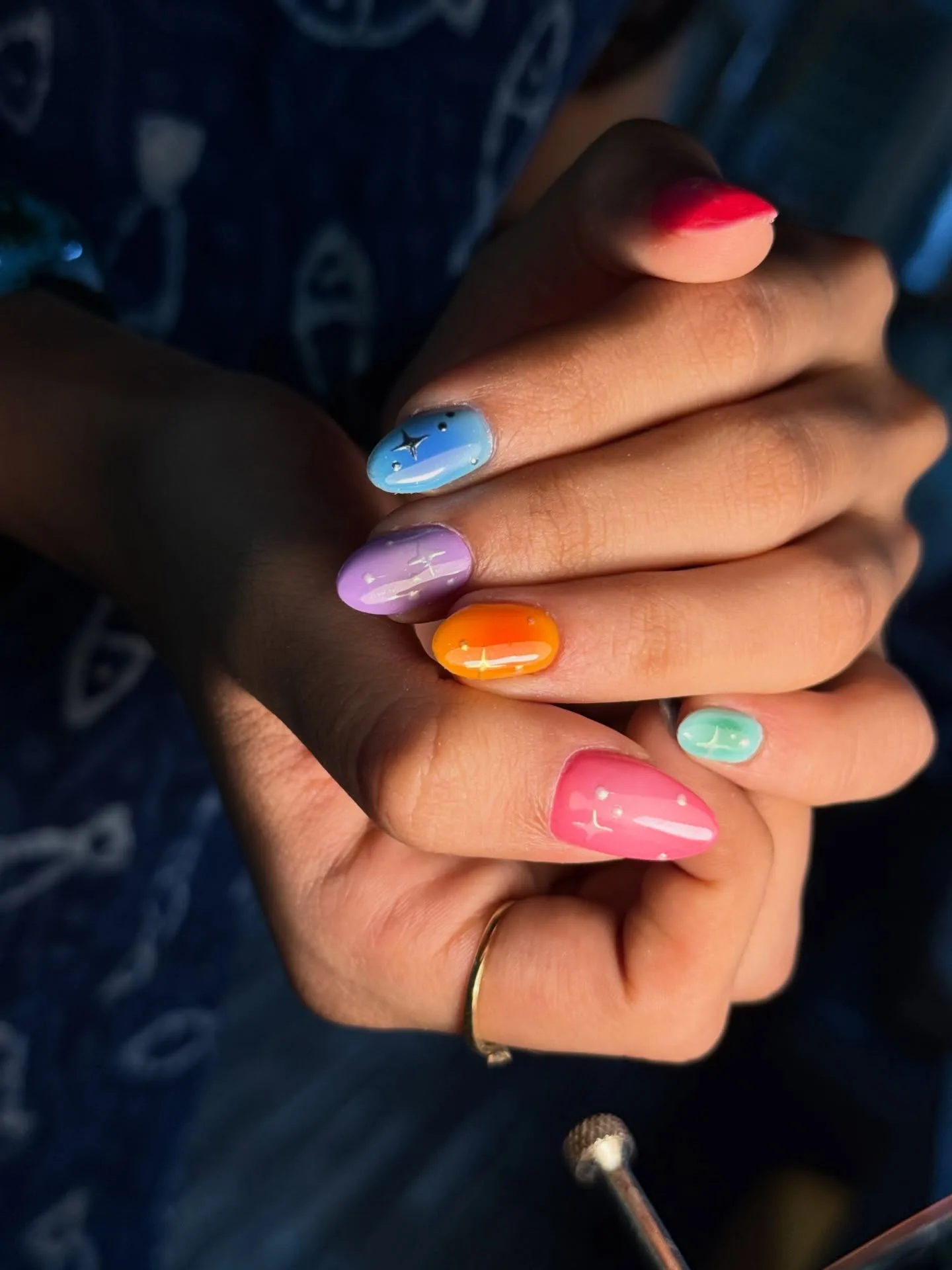 multicolor oval glossy rainbow nails