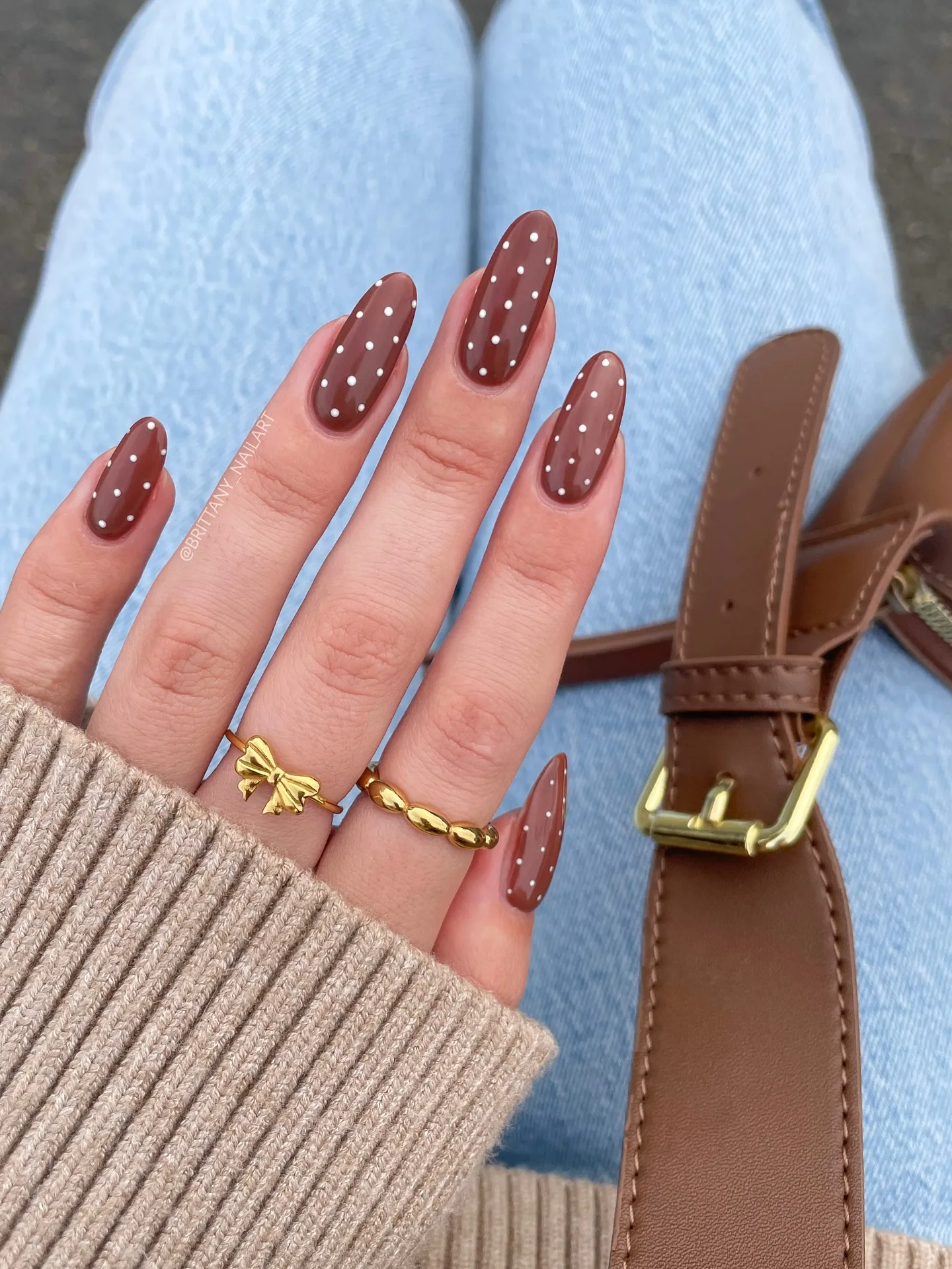 chocolate brown coffin polka dot nails