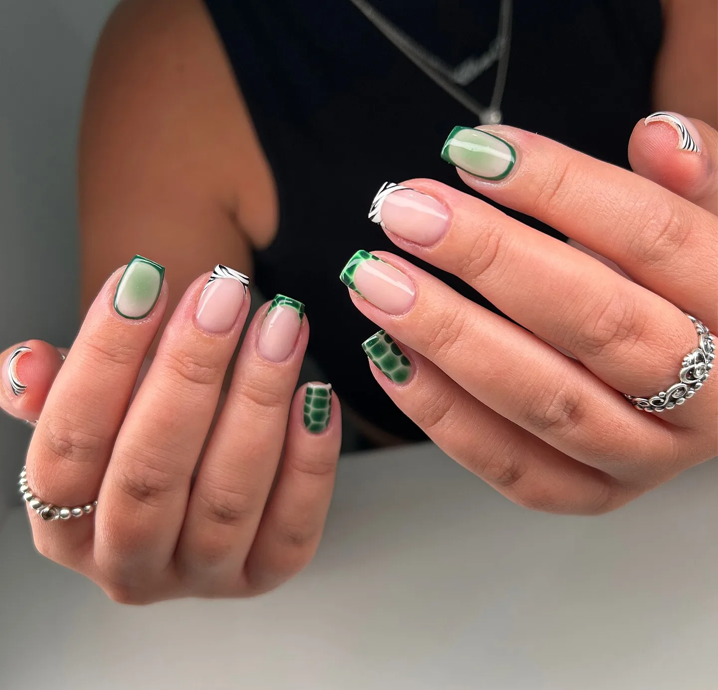 green pink almond geometric nails