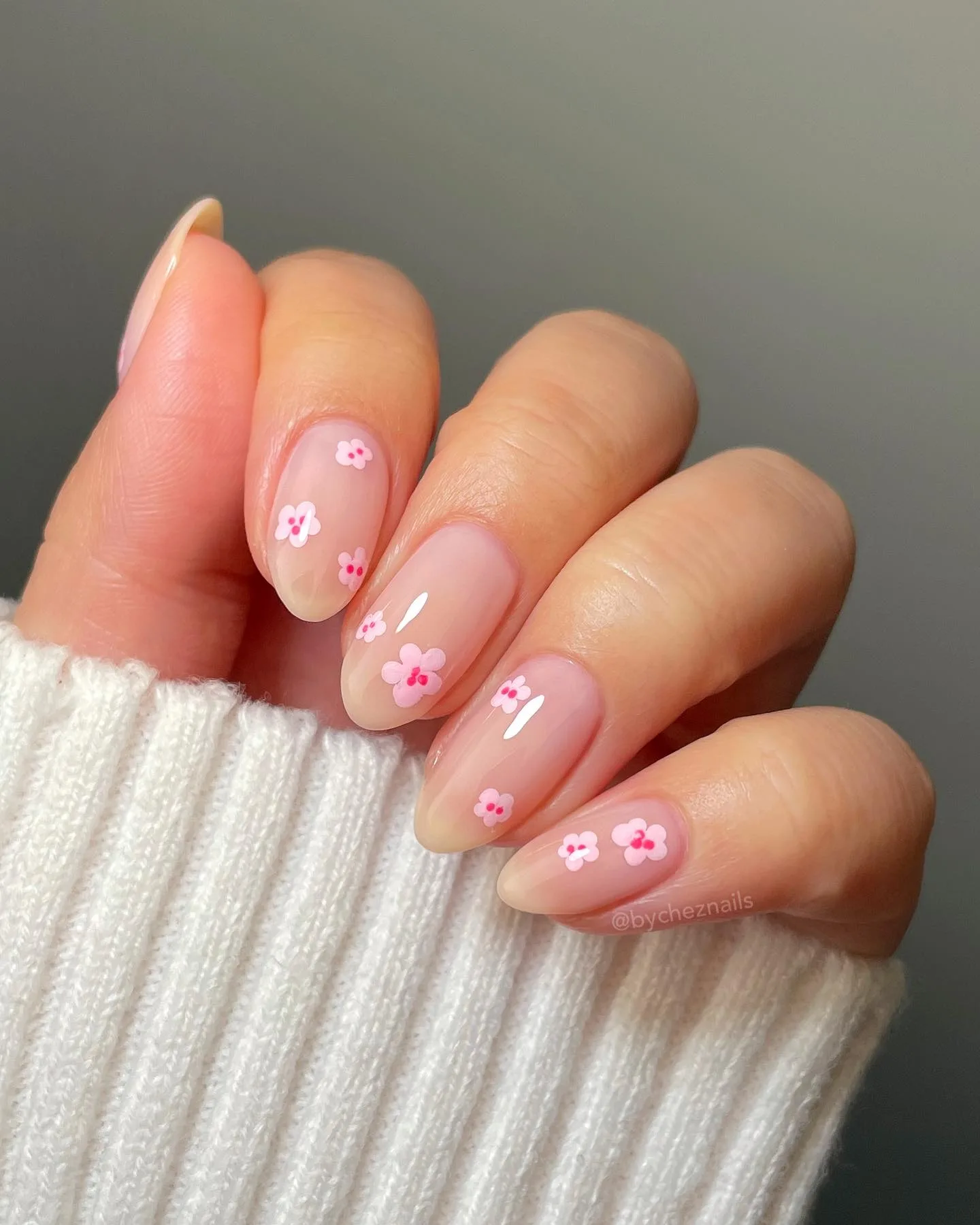pink almond floral cherry nails
