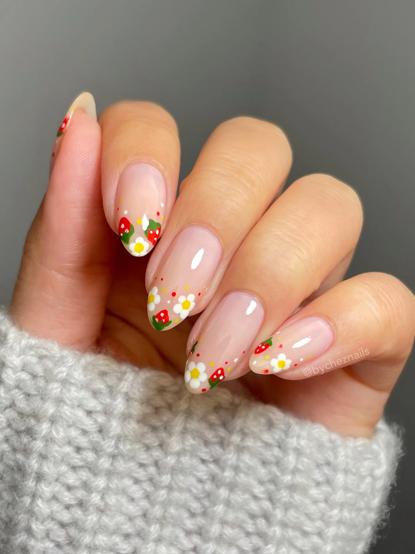 pink almond mushroom daisy nails