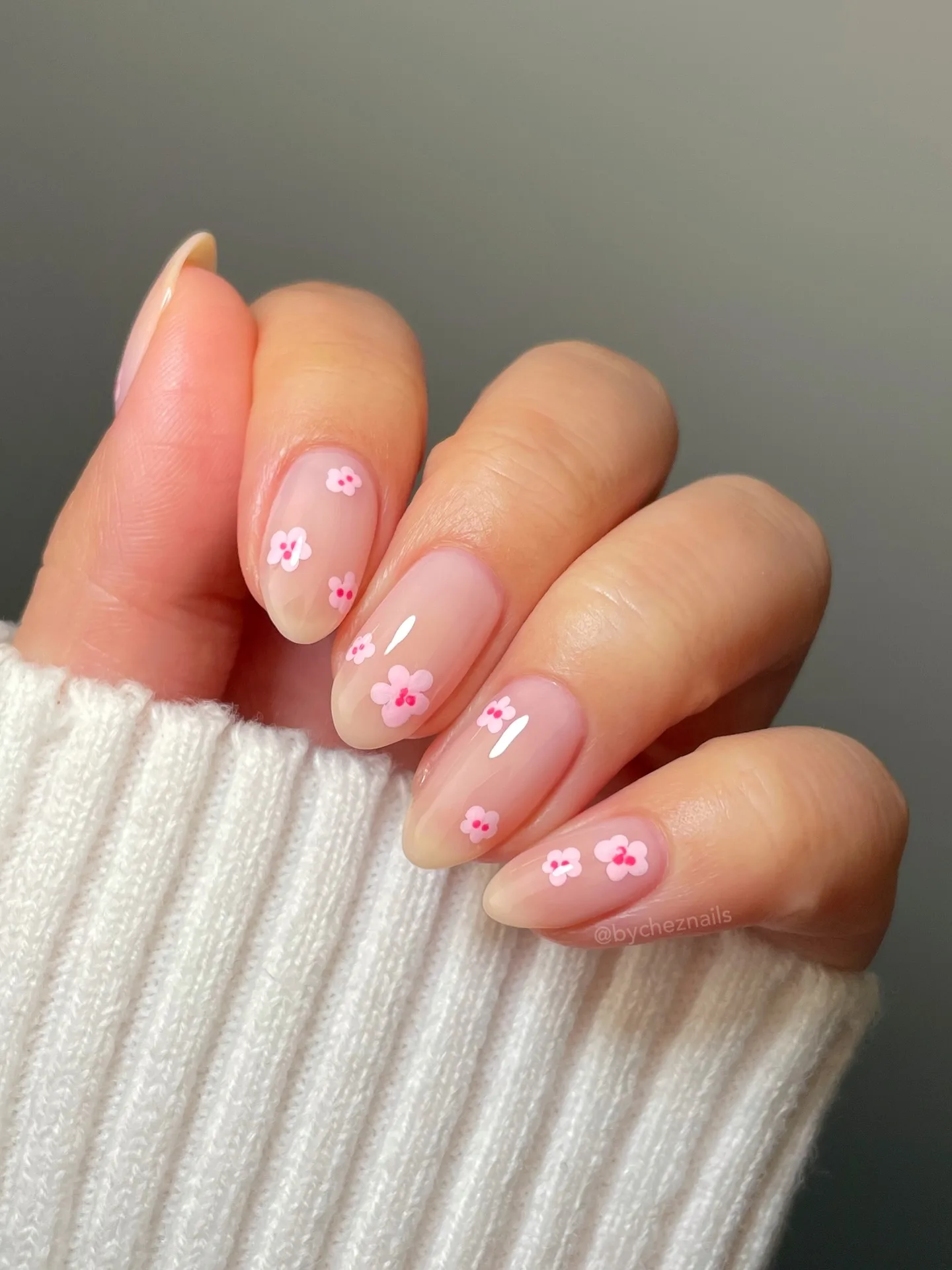 pink oval jelly floral nails