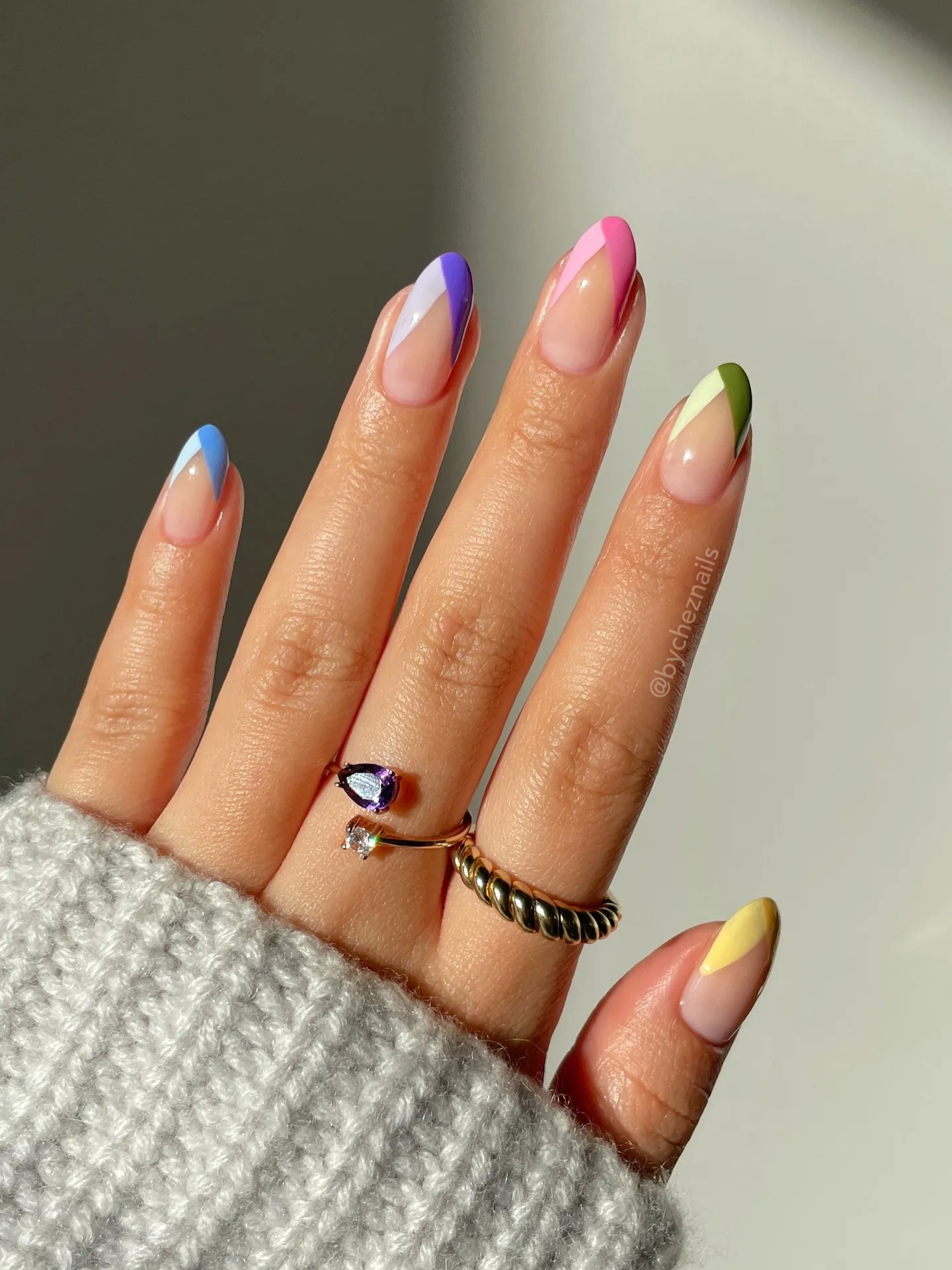 clear nude almond rainbow french nails