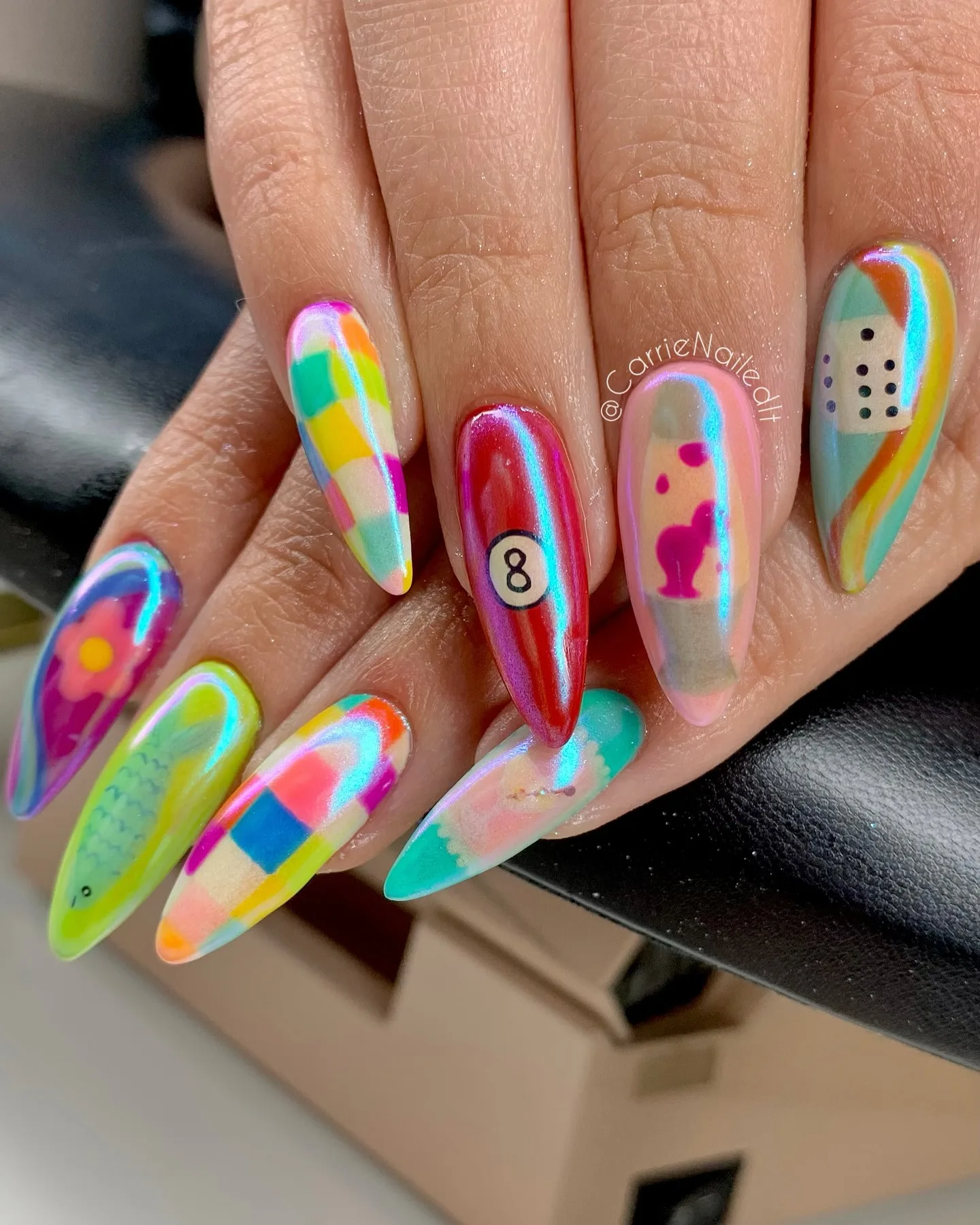 rainbow chrome stiletto mixed nails