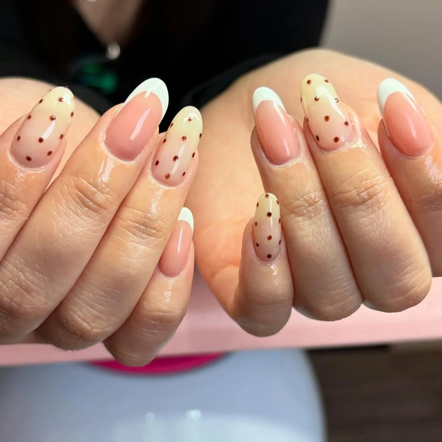 peachy pink oval french polka nails
