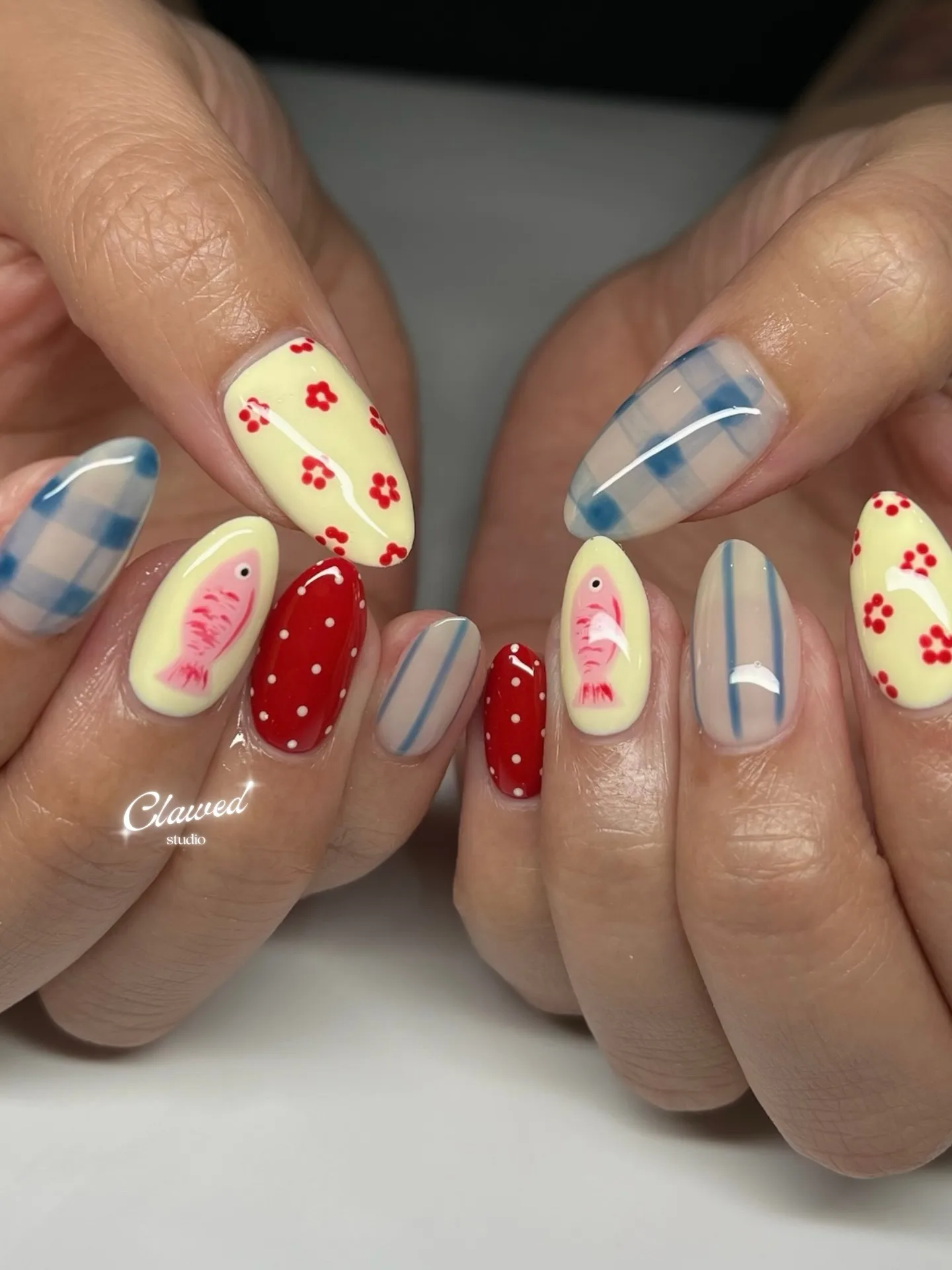 multicolor coffin gingham polka dot nails