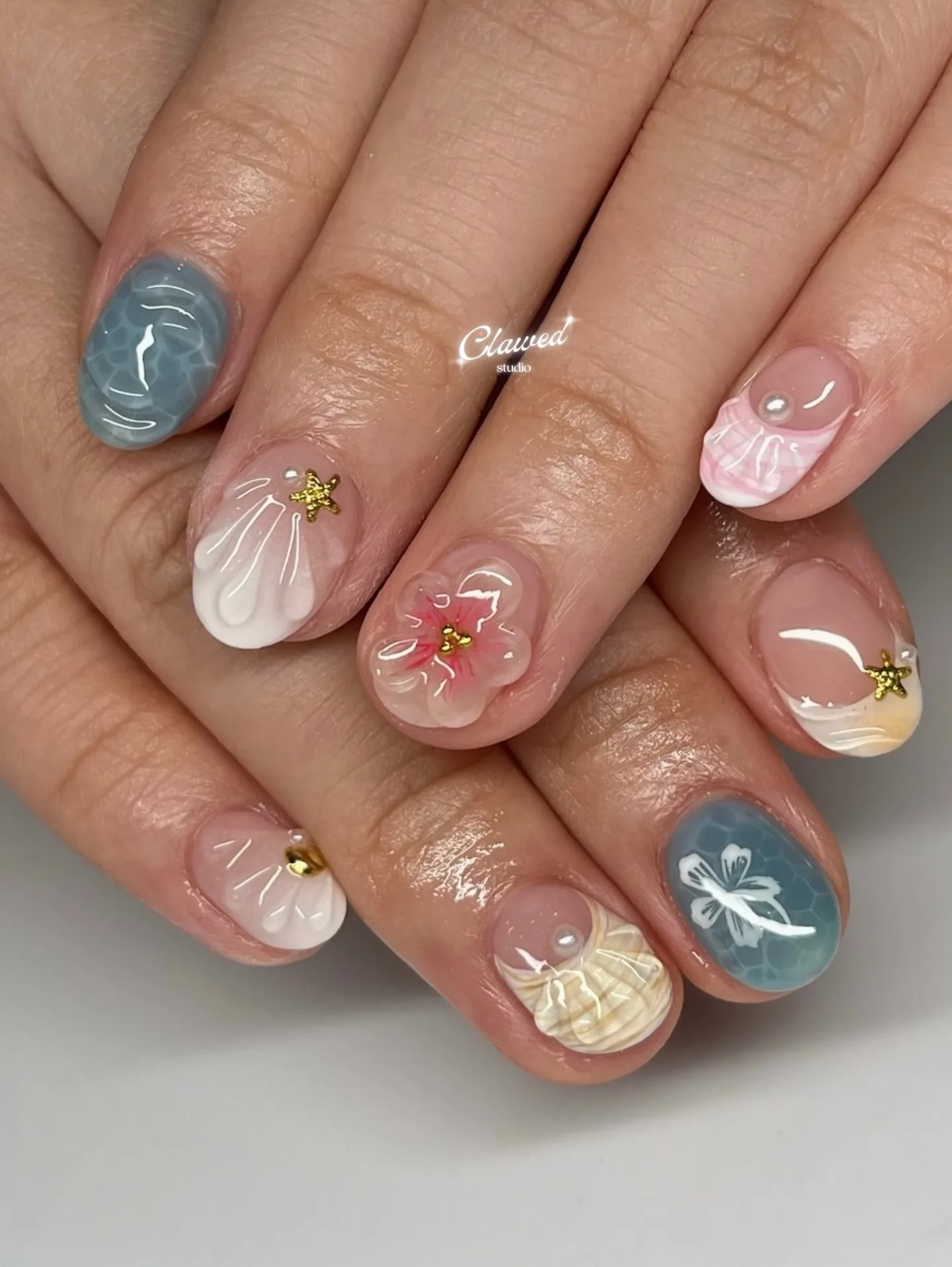 pink blue oval seashell art nails