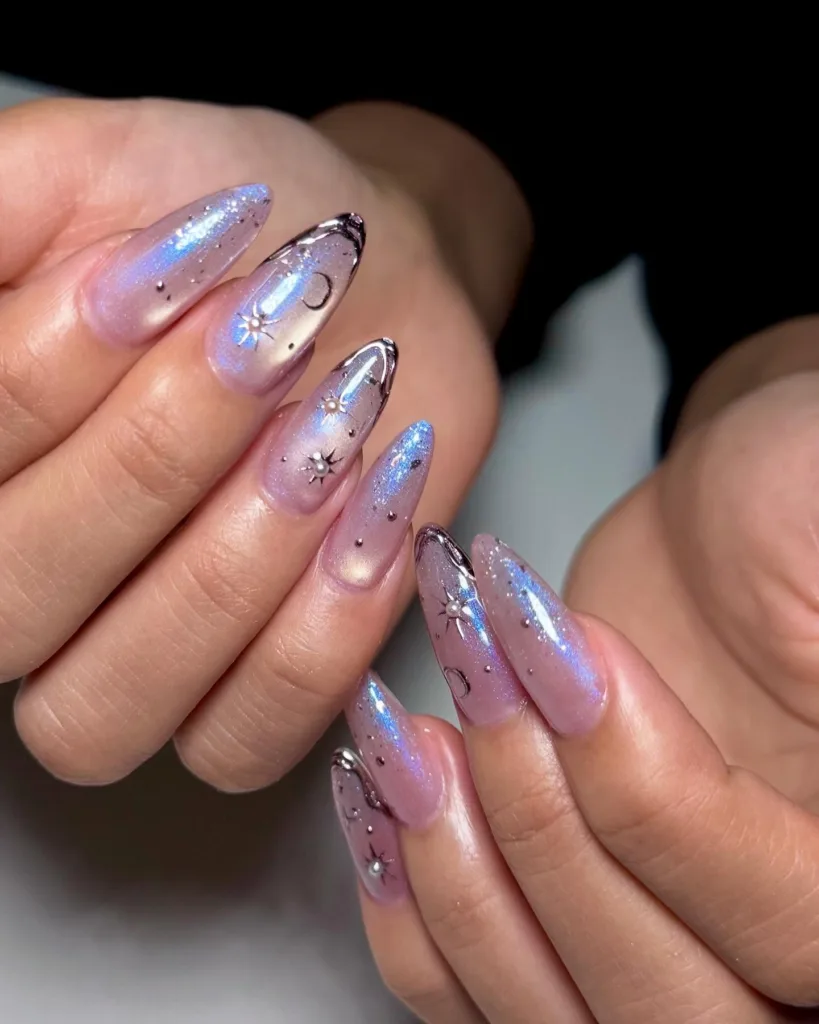 iridescent pink almond celestial chrome nails