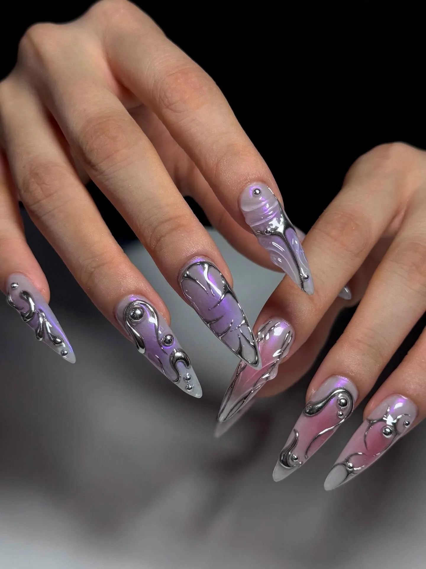 purple coffin chrome swirl nails